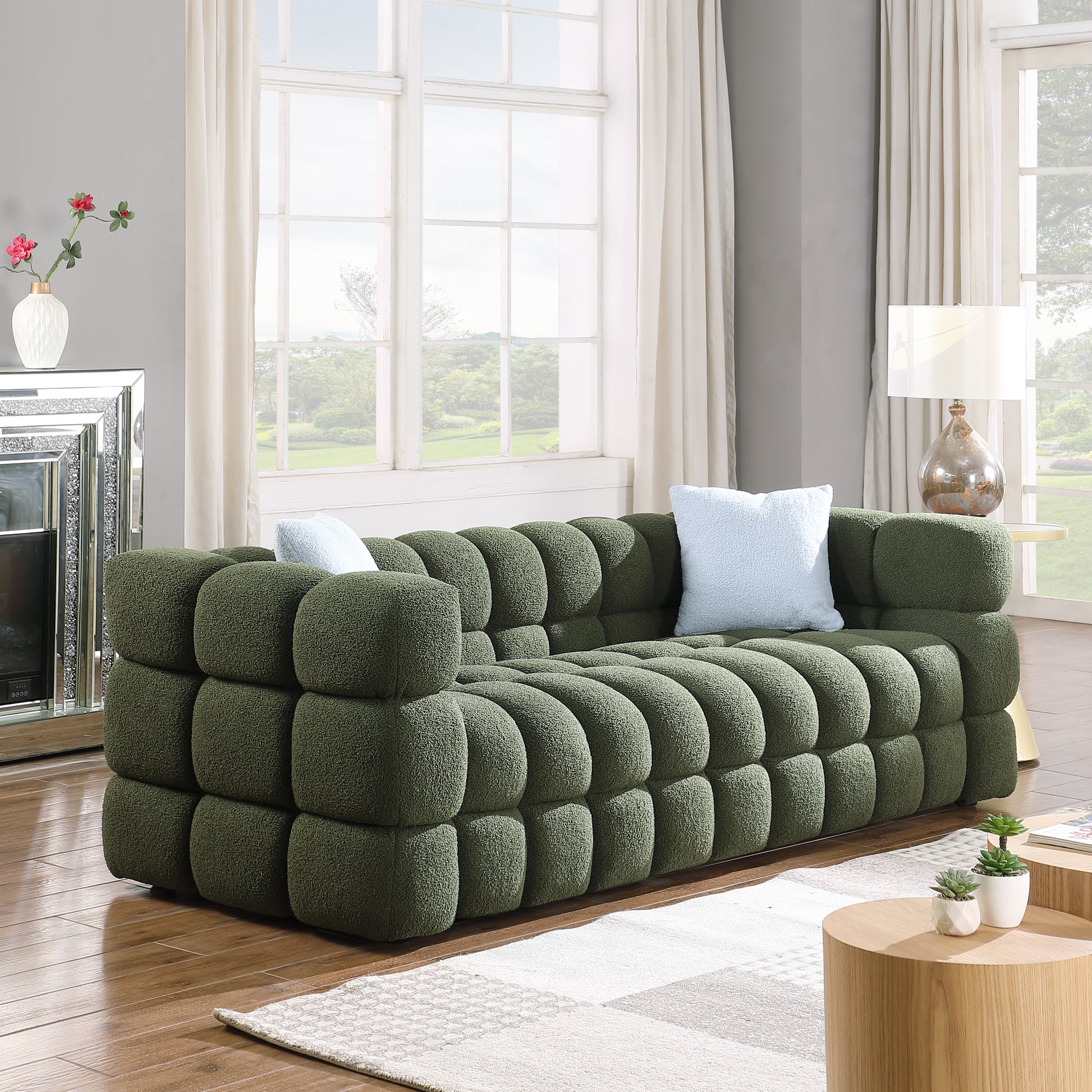 84.3 62.2 Length ,35.83" Deepth ,Human Body Structure For Usa People, Marshmallow Sofa,Boucle Sofa ,Olive Green Color,3 Seater. Sofa And Seater Olive Green Light Brown Wood Primary Living Space Medium Soft Split Back Eucalyptus Square Arms Boucle 5 Seat