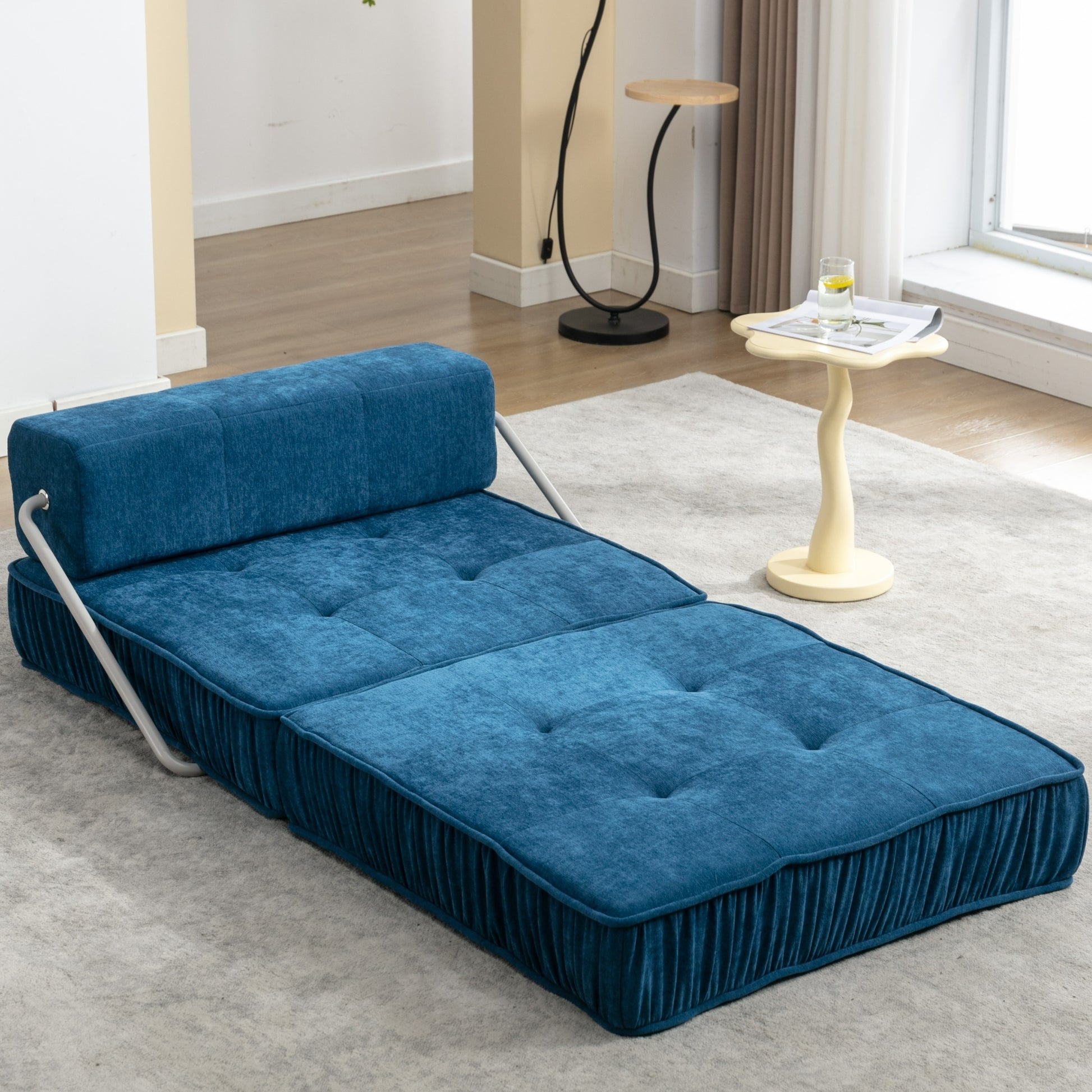 Folding Sofa Bed, Futon Sleeper Chair, Convertible Chair Floor Couch & Sleeping Mattress For Living Room, Guest Room, Home Office, Apartment, Small Space, Bed, Removable Back Cushion, Blue, 1 Seat Blue Chenille Primary Living Space Pillow Back Soft