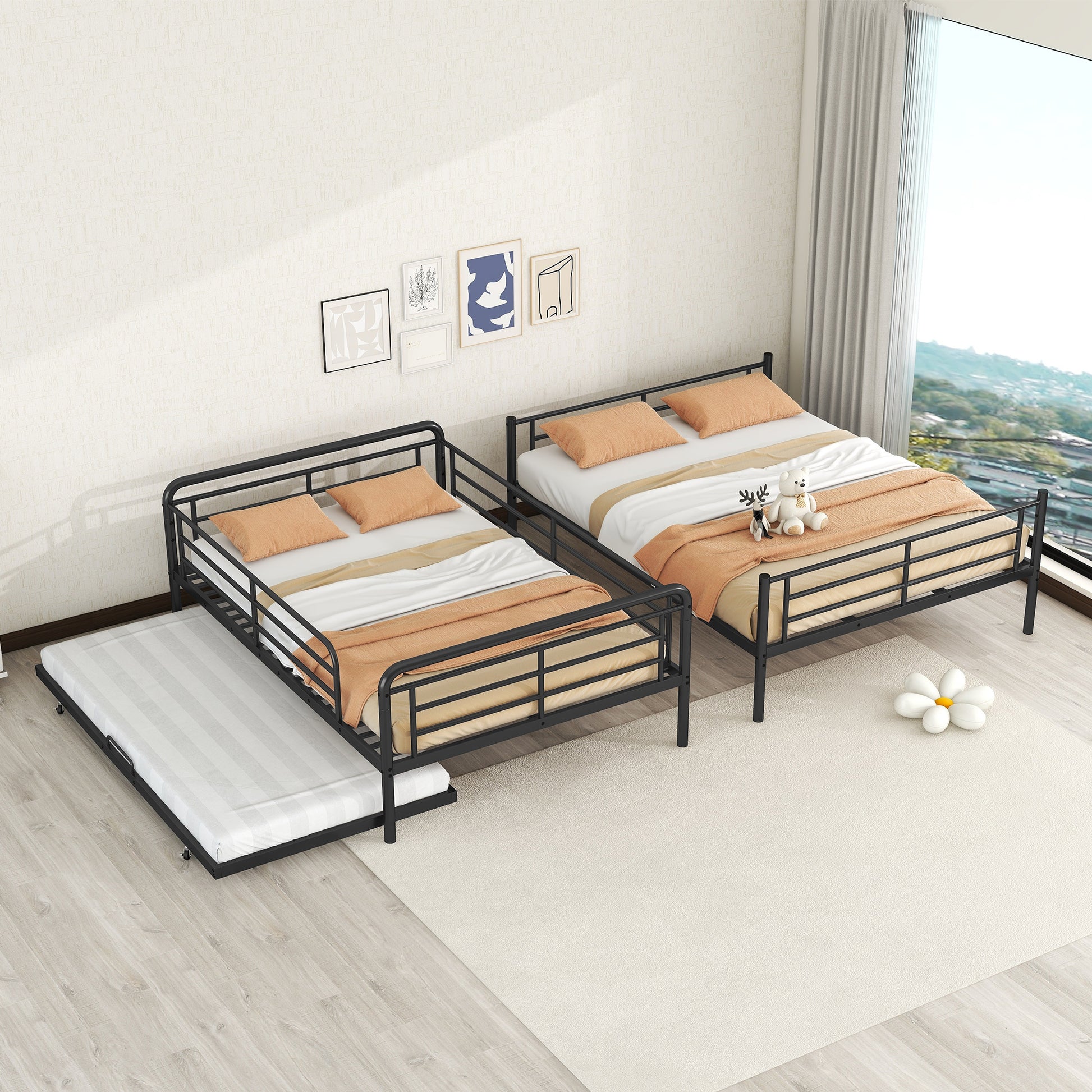 Full Xl Over Queen Metal Bunk Bed With Twin Size Trundle, Black Black Iron