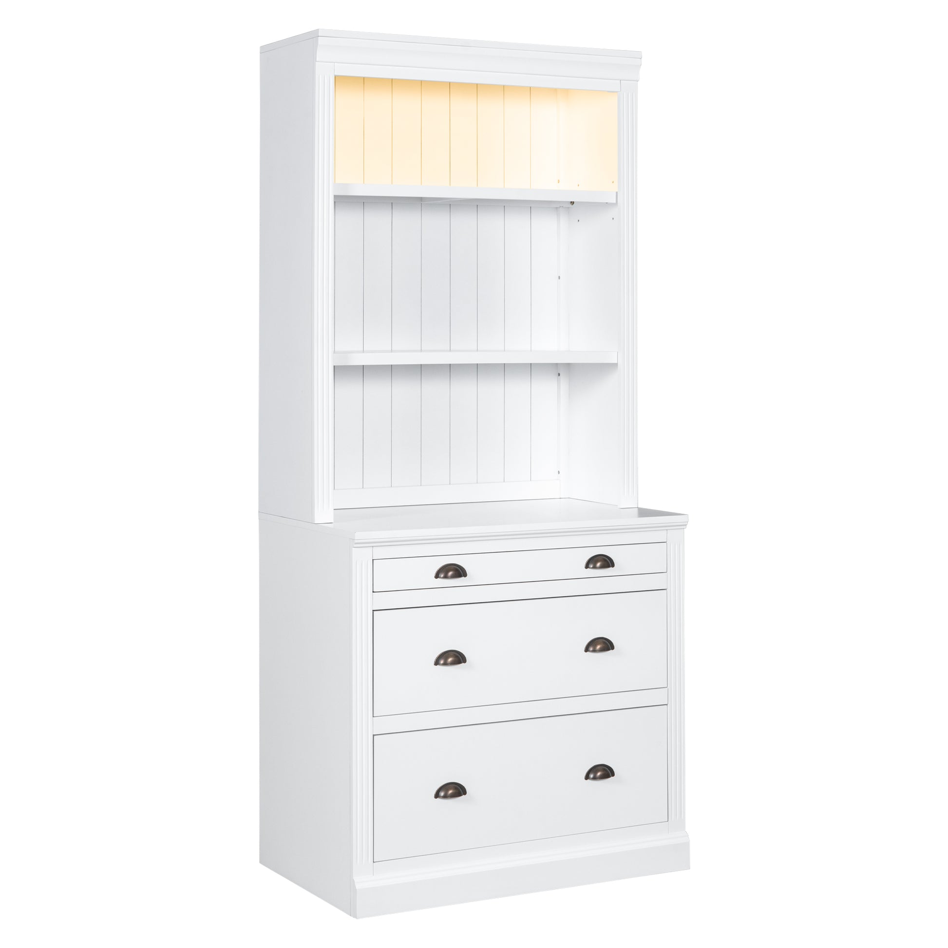 83.4"Tall Bookshelf Suite,Modern Bookcase Suite With Led Lighting, Drawers And Open Shelves,2 Piece Set Storage Bookshelf For Living Room,Home Office,White White Solid Wood Mdf