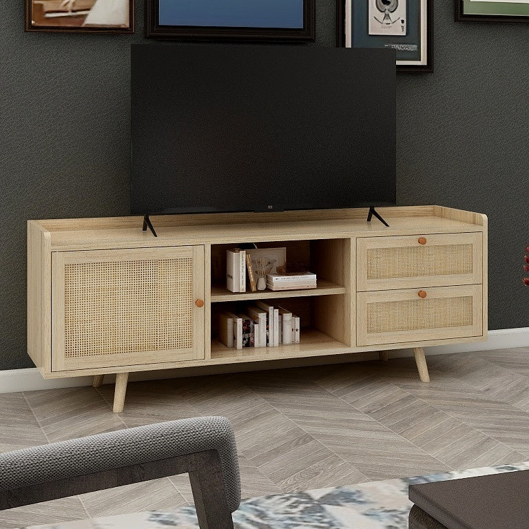 Mid Century Tv Stand With Rattan Decorated Doors, Spacious Cabinets, And Adjustable Shelf Wood Tv Console Table With Drawers Media Stand For Tv Natural Primary Living Space 60 69 Inches 70 79 Inches American Design,Contemporary,European,Modern 75 Inches