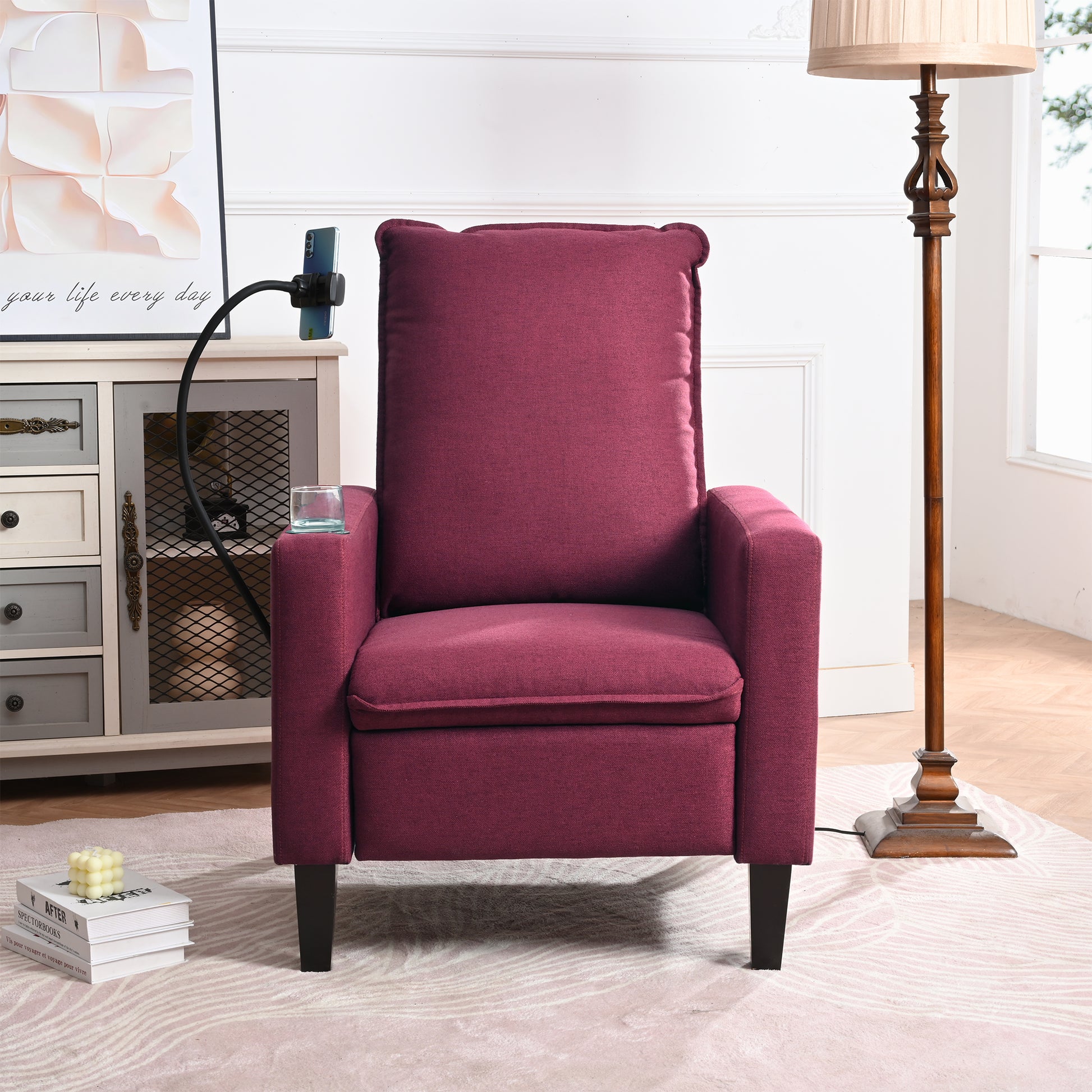 Recliner Chairs For Adults, Adjustable Recliner Sofa With Mobile Phone Holder & Cup Holder, Modern Reclining Chairs Fabric Push Back Recliner Chairs For Living Room, Bedroom, Red Red Foam Polyester