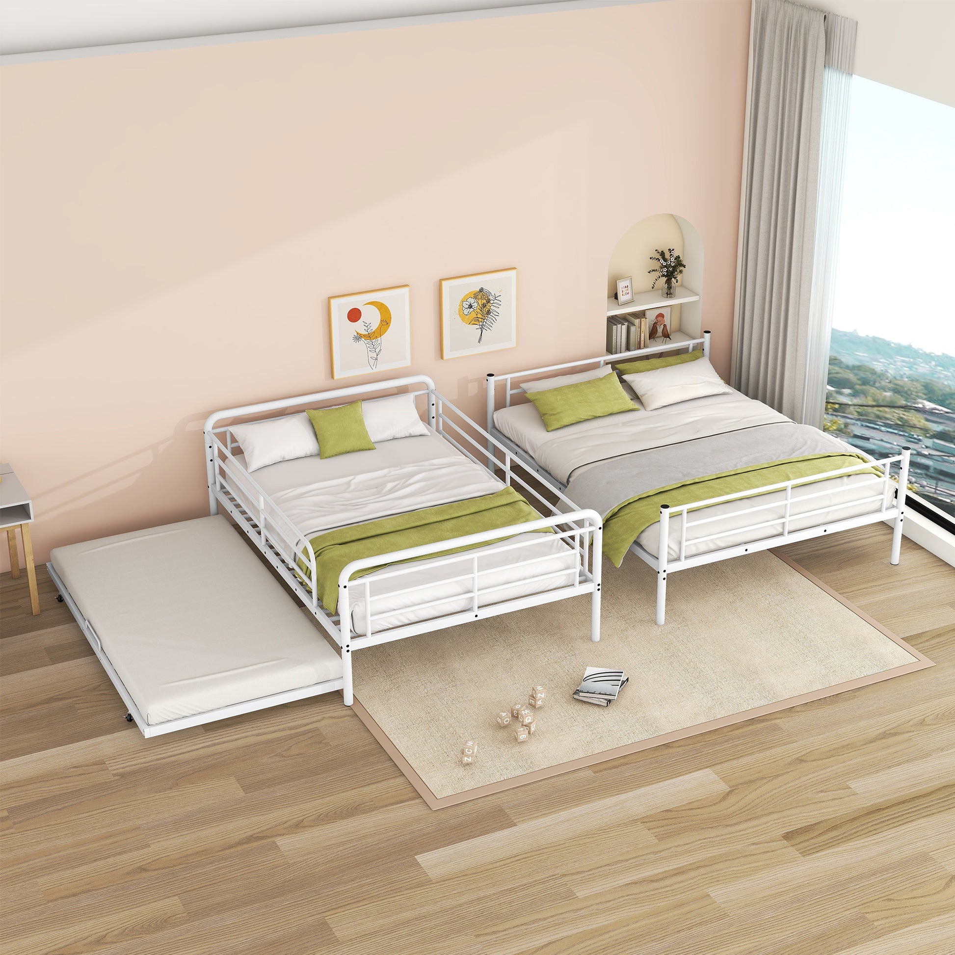 Full Xl Over Queen Metal Bunk Bed With Twin Size Trundle, White White Iron