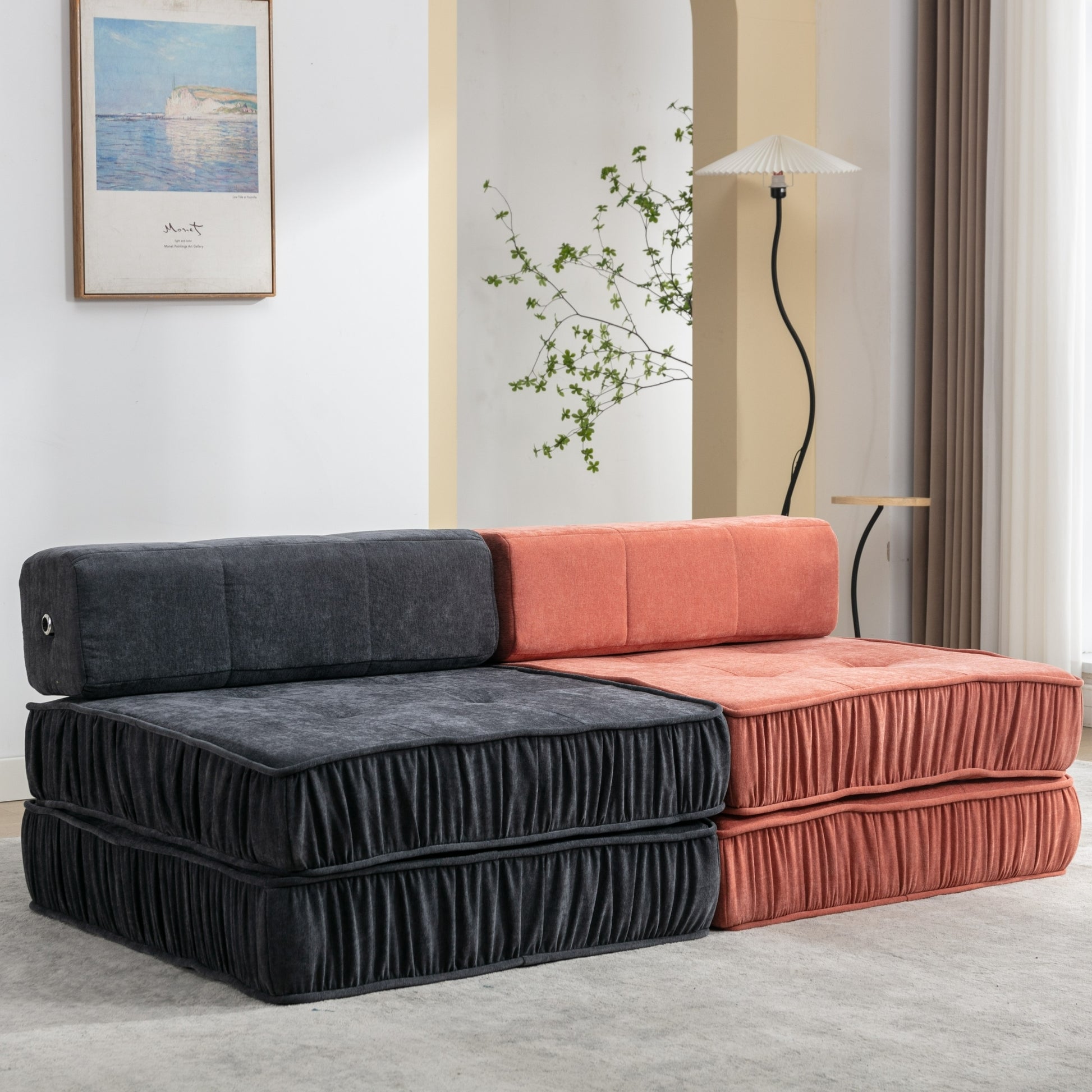 Folding Sofa Bed, Futon Sleeper Chair, Convertible Chair Floor Couch & Sleeping Mattress For Living Room, Guest Room, Home Office, Apartment, Small Space, Bed, Removable Back Cushion, Grey, 1 Seat Grey Chenille Primary Living Space Pillow Back Soft