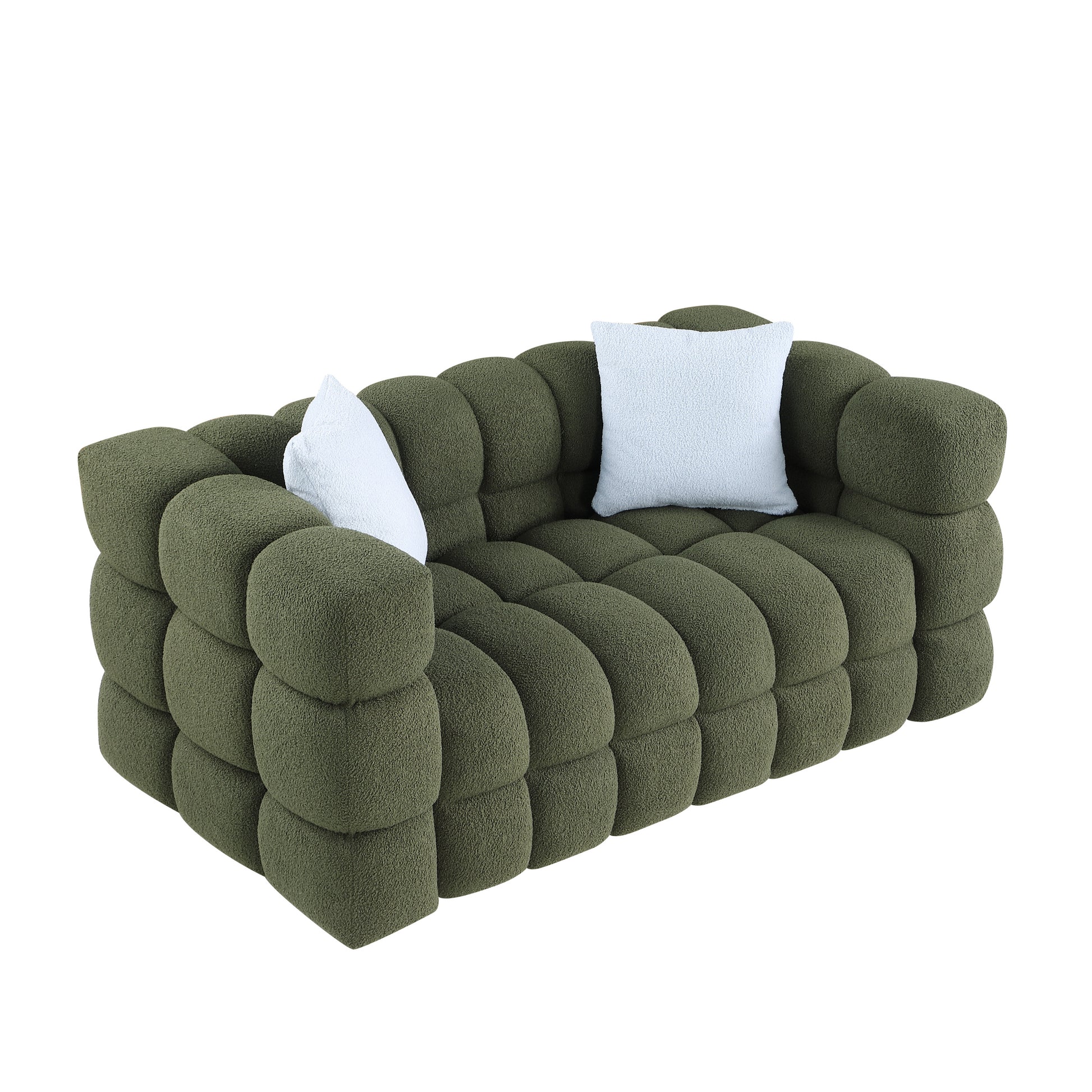 62.2Length ,35.83" Deepth ,Human Body Structure For Usa People, Marshmallow Sofa,Boucle Sofa ,Olive Green 2S Boucle Olive Green Light Brown Wood Primary Living Space Medium Soft Split Back Eucalyptus Square Arms Boucle 2 Seat