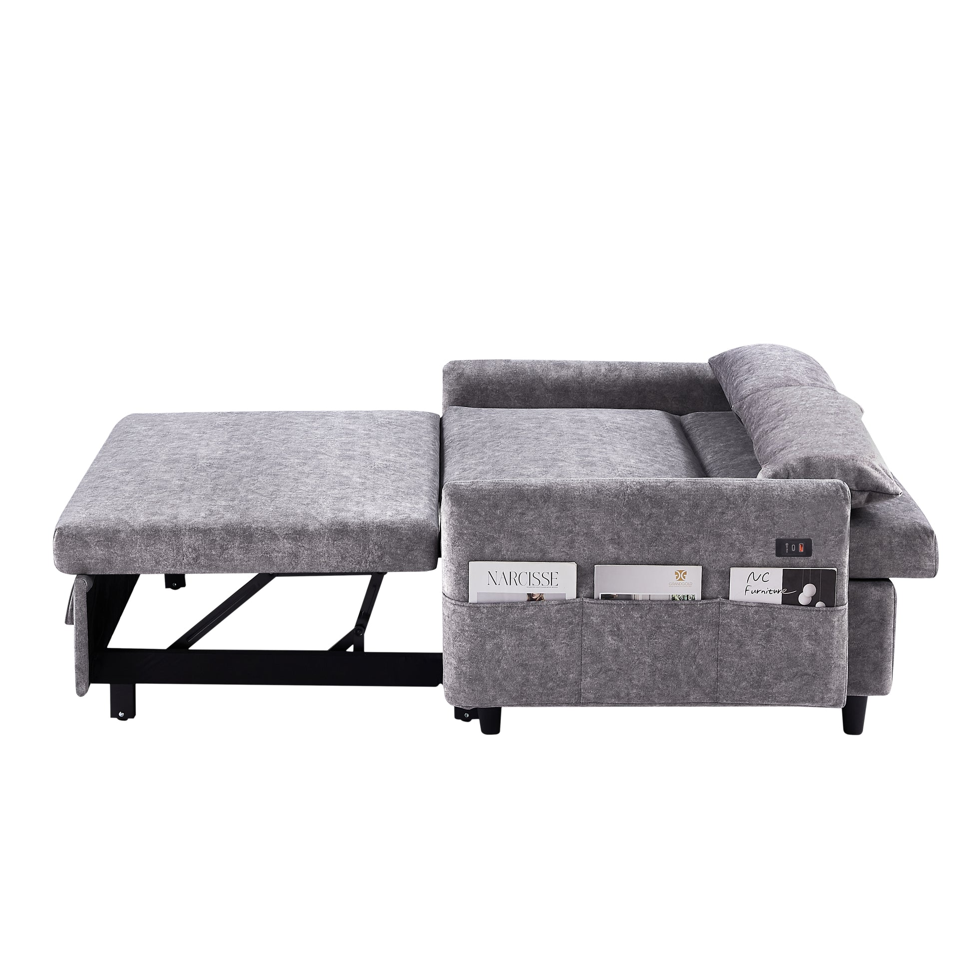 55.1" Pull Out Sleep Sofa Bed Loveseats Sofa Couch With Adjsutable Backrest, Storage Pockets, 2 Soft Pillows, Usb Ports For Living Room, Bedroom, Apartment, Office,Grey Old Sku:Wf315689Aae Grey Foam Microfiber 2 Seat