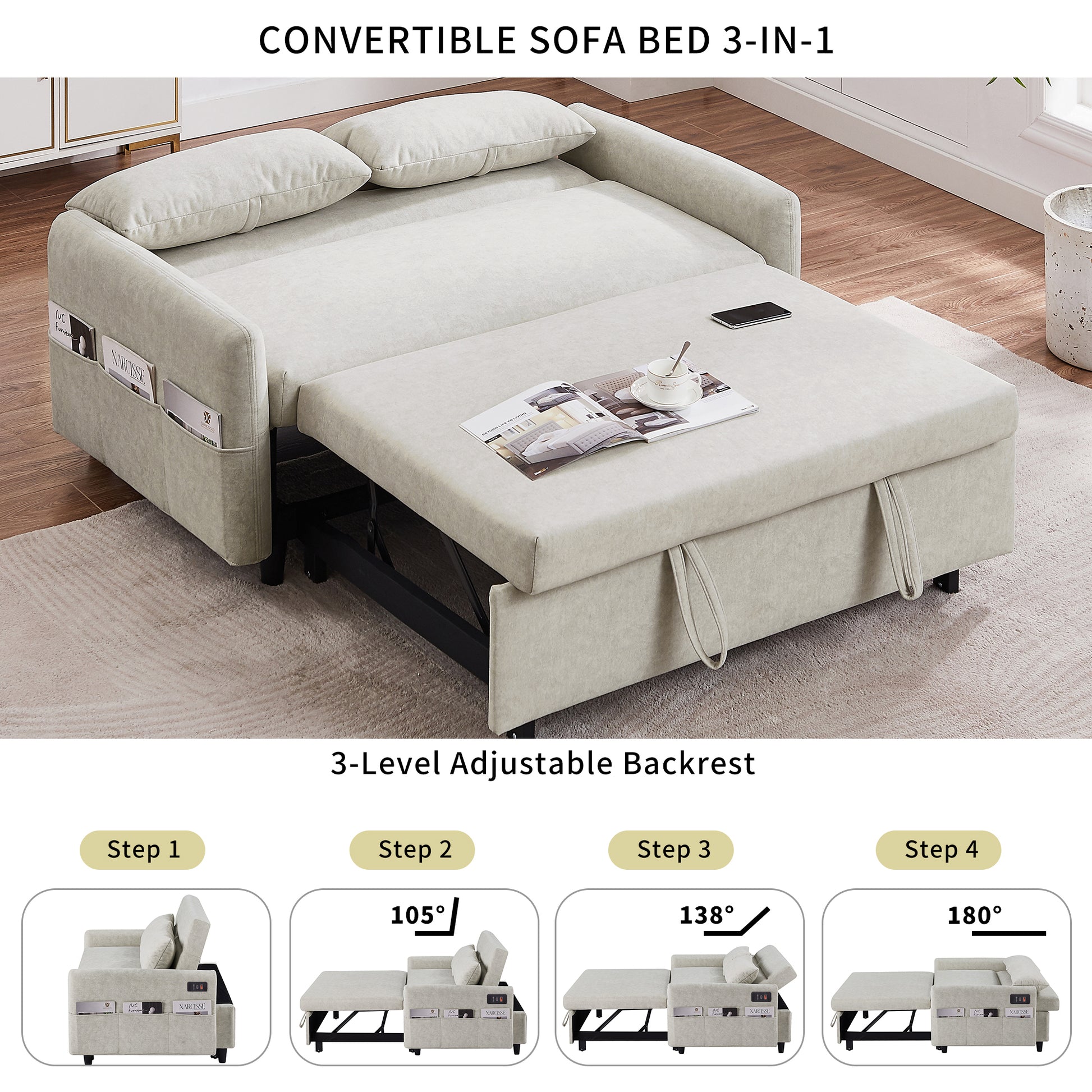 55.1" Pull Out Sleep Sofa Bed Loveseats Sofa Couch With Adjsutable Backrest, Storage Pockets, 2 Soft Pillows, Usb Ports For Living Room, Bedroom, Apartment, Office, Beige Old Sku Wf307821Aaa Beige Foam Microfiber