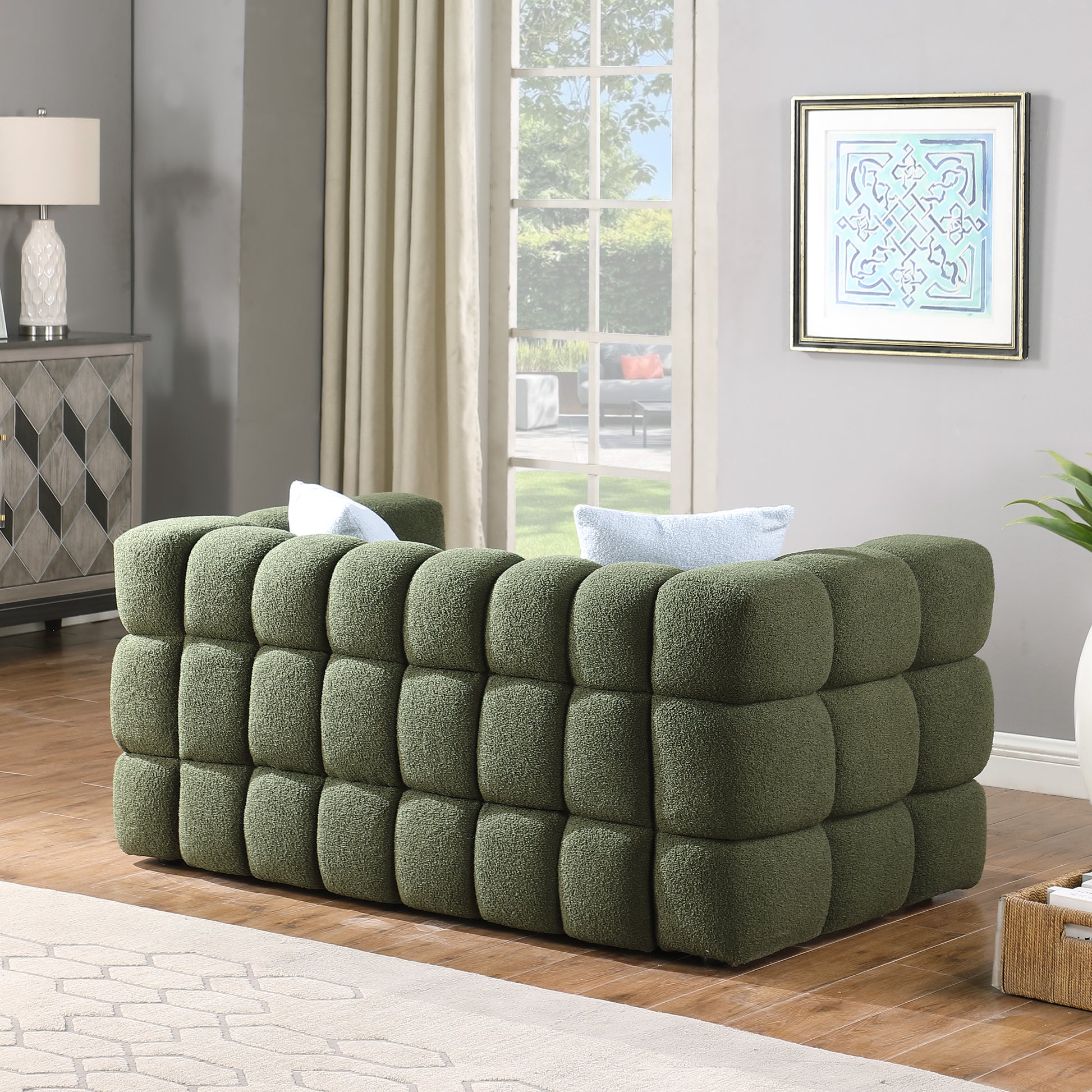 84.3 62.2 Length ,35.83" Deepth ,Human Body Structure For Usa People, Marshmallow Sofa,Boucle Sofa ,Olive Green Color,3 Seater. Sofa And Seater Olive Green Light Brown Wood Primary Living Space Medium Soft Split Back Eucalyptus Square Arms Boucle 5 Seat