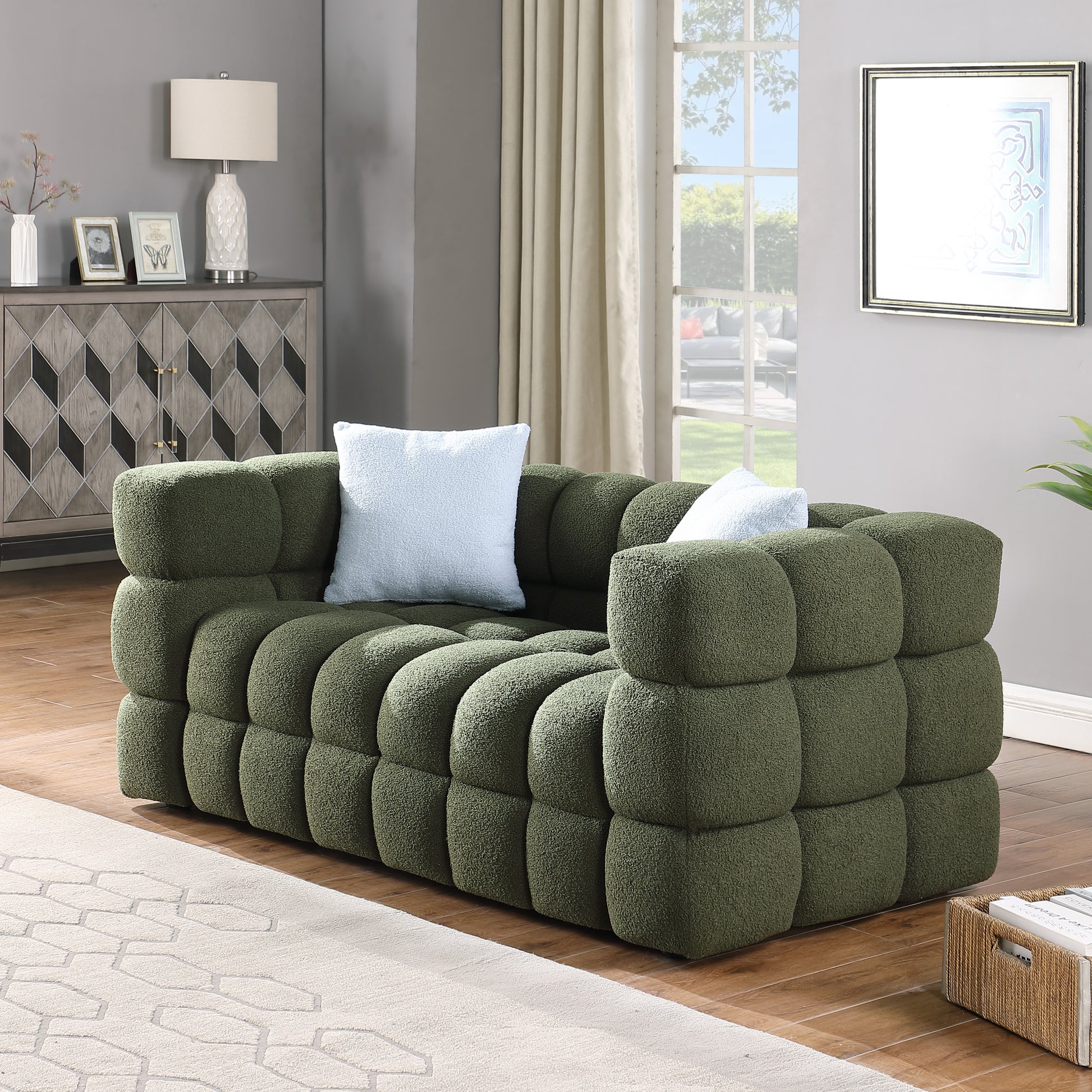 84.3 62.2 Length ,35.83" Deepth ,Human Body Structure For Usa People, Marshmallow Sofa,Boucle Sofa ,Olive Green Color,3 Seater. Sofa And Seater Olive Green Light Brown Wood Primary Living Space Medium Soft Split Back Eucalyptus Square Arms Boucle 5 Seat