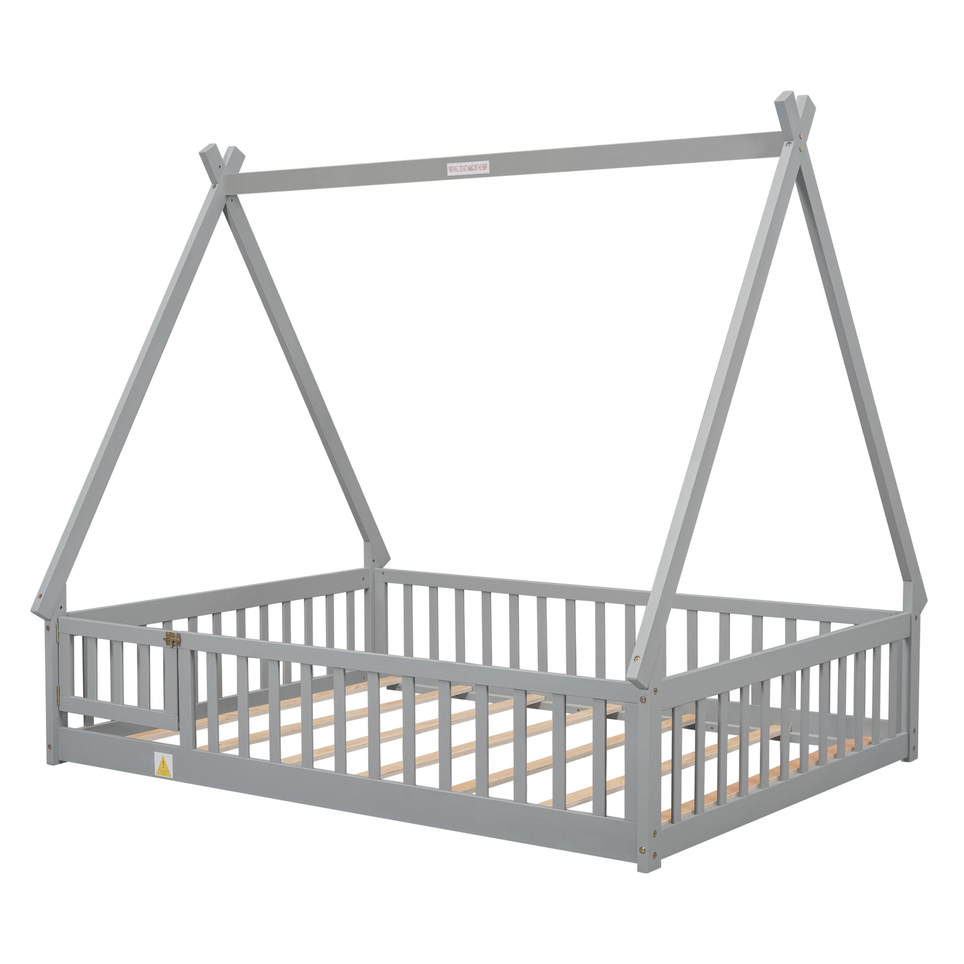 Full Tent Shaped Floor Bed, With Guardrails, Slats, Door ,Grey Full Grey Wood Bedroom American Design Pine Bed Frame Pine