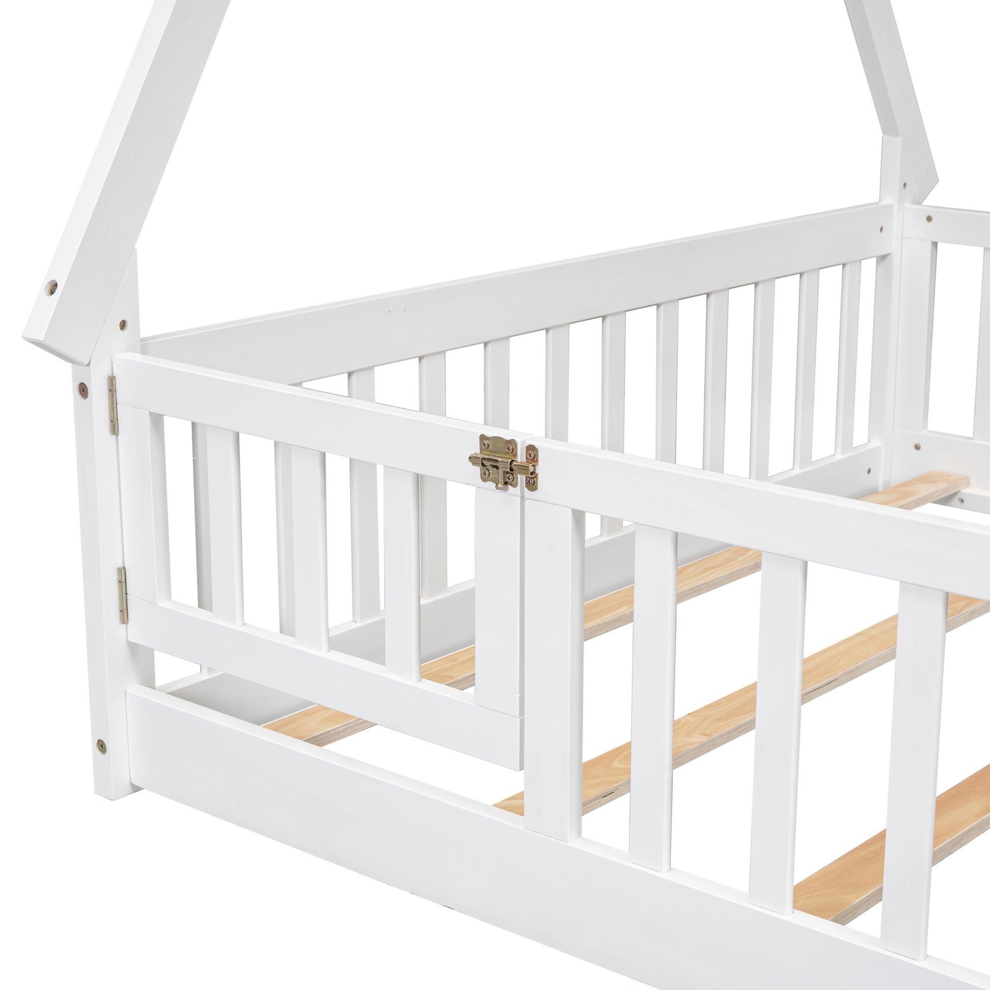 Full Tent Shaped Floor Bed, With Guardrails, Slats, Door ,White Full White Wood Bedroom American Design Pine Bed Frame Pine