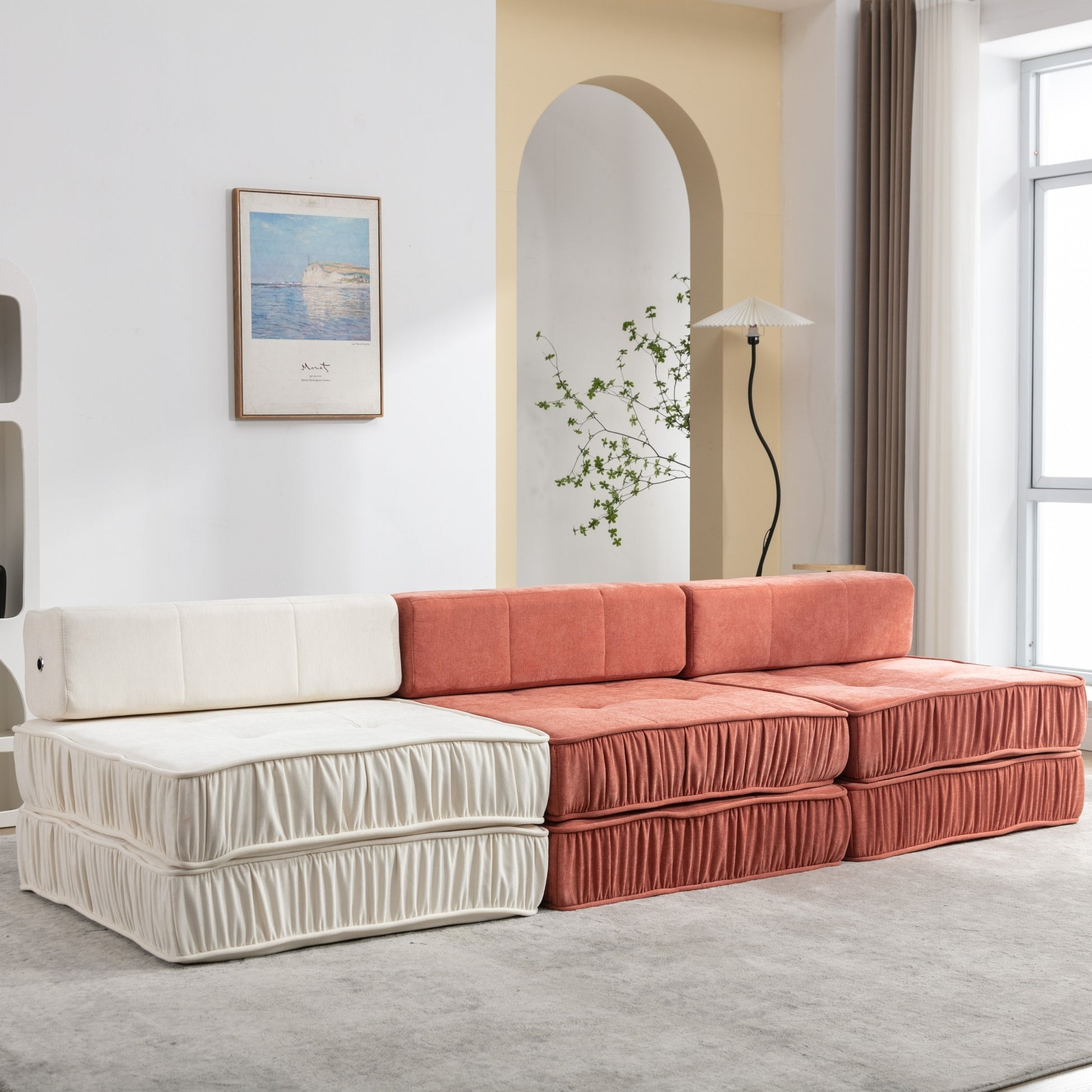 Folding Sofa Bed, Futon Sleeper Chair, Convertible Chair Floor Couch & Sleeping Mattress For Living Room, Guest Room, Home Office, Apartment, Small Space, Bed, Removable Back Cushion, Orange, 1 Seat Orange Chenille Primary Living Space Pillow Back Soft
