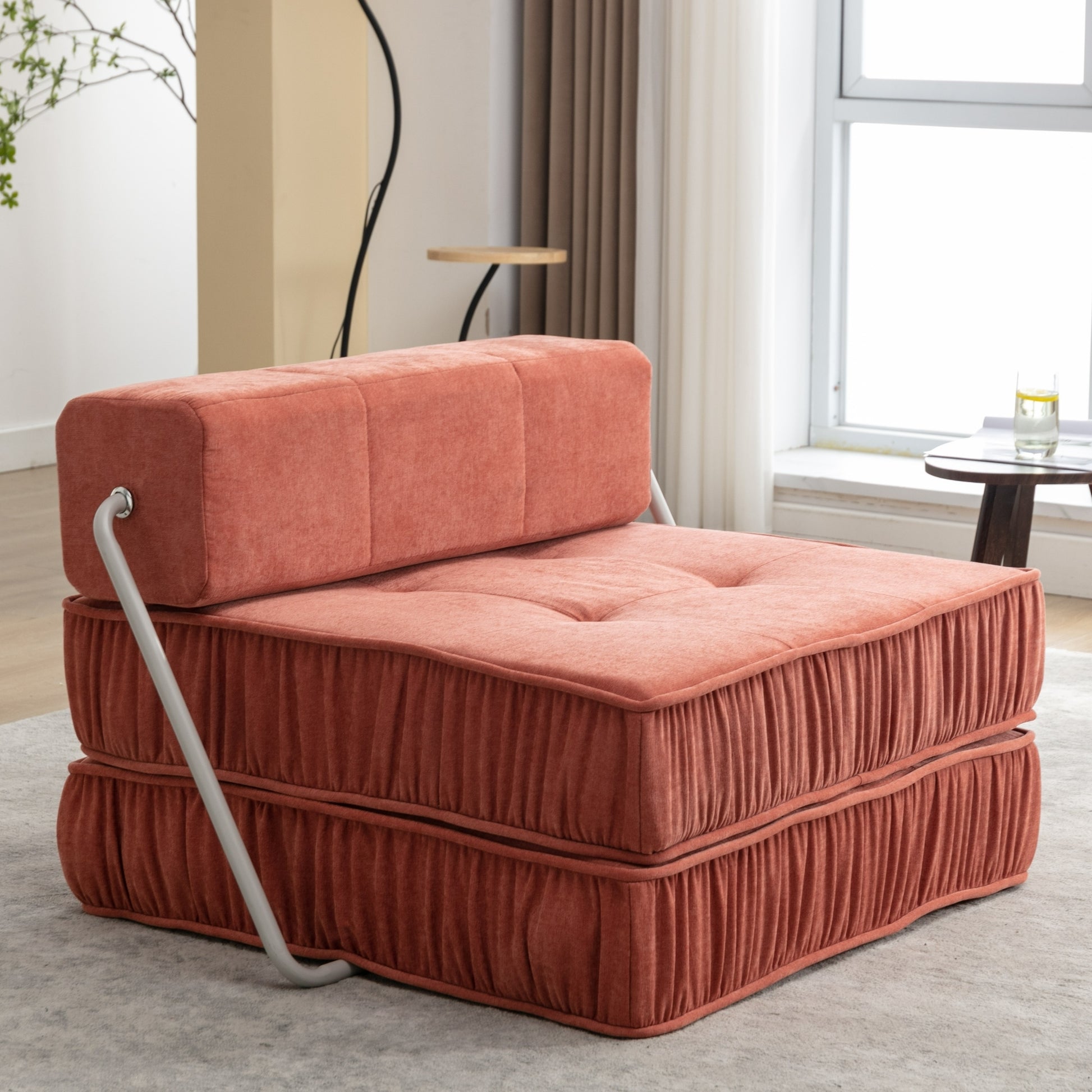 Folding Sofa Bed, Futon Sleeper Chair, Convertible Chair Floor Couch & Sleeping Mattress For Living Room, Guest Room, Home Office, Apartment, Small Space, Bed, Removable Back Cushion, Orange, 1 Seat Orange Chenille Primary Living Space Pillow Back Soft