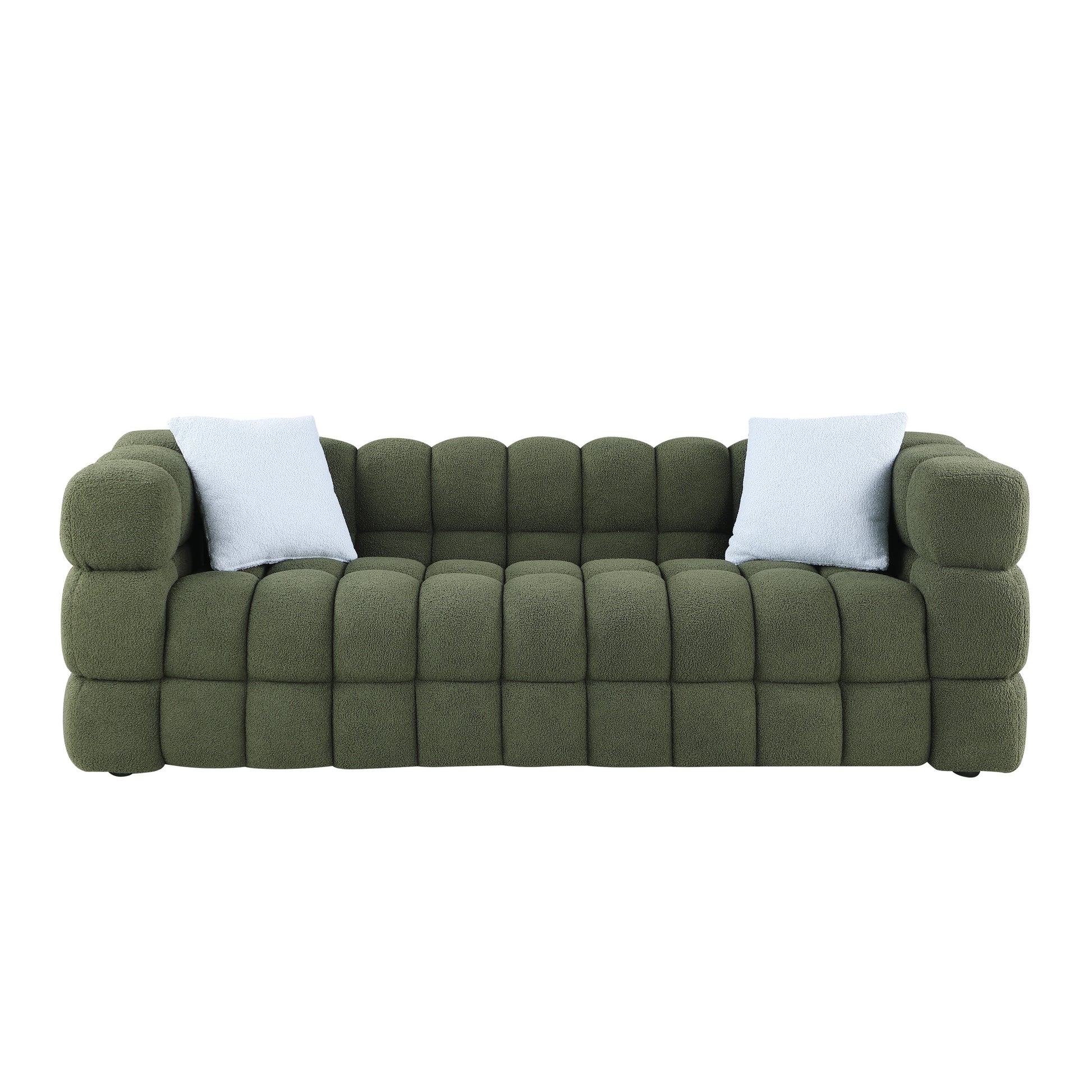 84.3 Length ,35.83" Deepth ,Human Body Structure For Usa People, Marshmallow Sofa,Boucle Sofa ,3 Seater, Olive Green Boucle Olive Green Light Brown Wood Primary Living Space Medium Soft Split Back Eucalyptus Square Arms Boucle 3 Seat