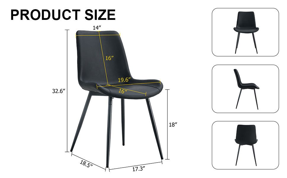 Black Artificial Leather Backrest Cushion Dining Chair, Black Metal Legs, Curved Widened Cushion Design For More Comfort, Suitable For Restaurants, Kitchens, Bedrooms, Offices. 4 Chairs 0502 Black Faux Leather