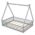 Full Tent Shaped Floor Bed, With Guardrails, Slats, Door ,Grey Full Grey Wood Bedroom American Design Pine Bed Frame Pine