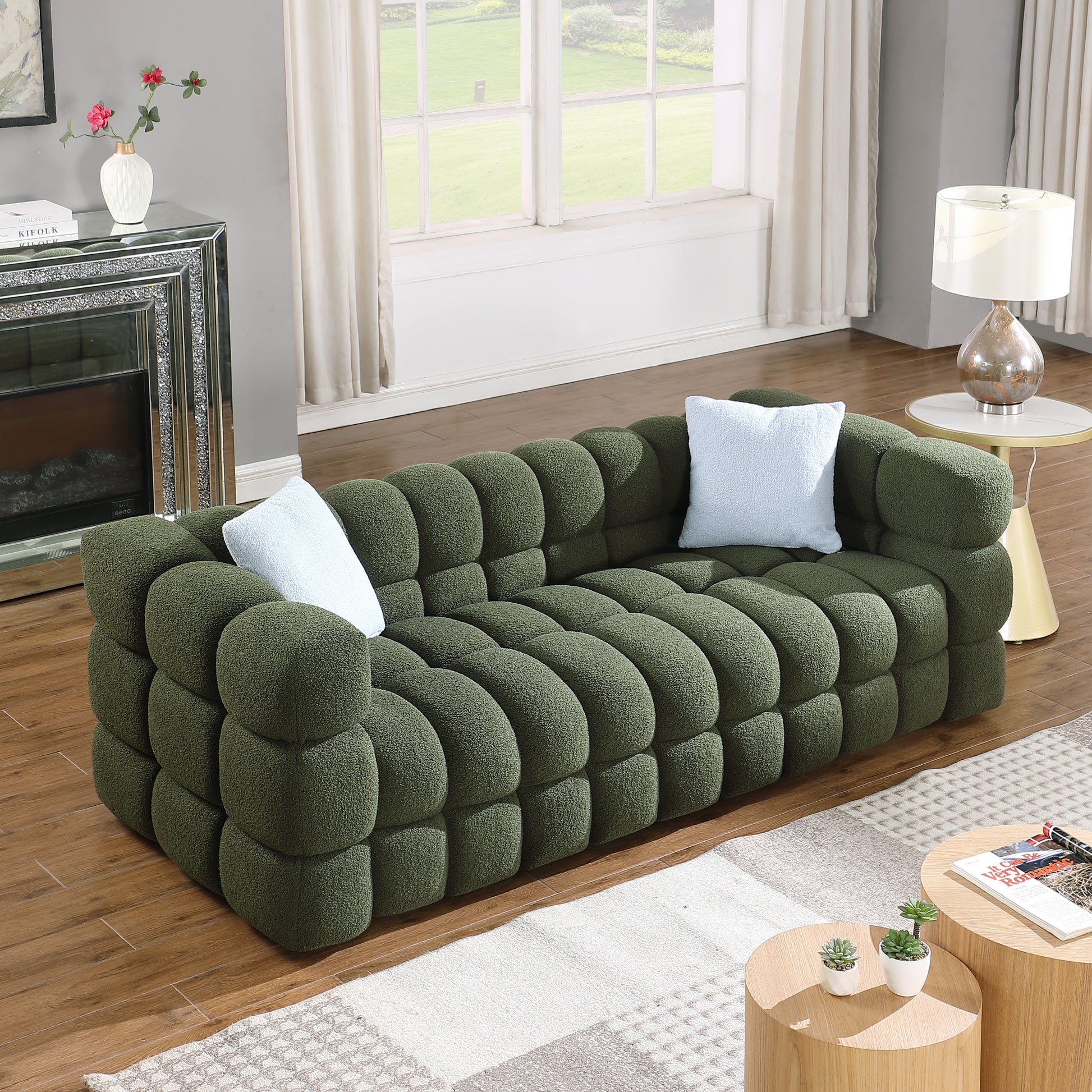 84.3 62.2 Length ,35.83" Deepth ,Human Body Structure For Usa People, Marshmallow Sofa,Boucle Sofa ,Olive Green Color,3 Seater. Sofa And Seater Olive Green Light Brown Wood Primary Living Space Medium Soft Split Back Eucalyptus Square Arms Boucle 5 Seat