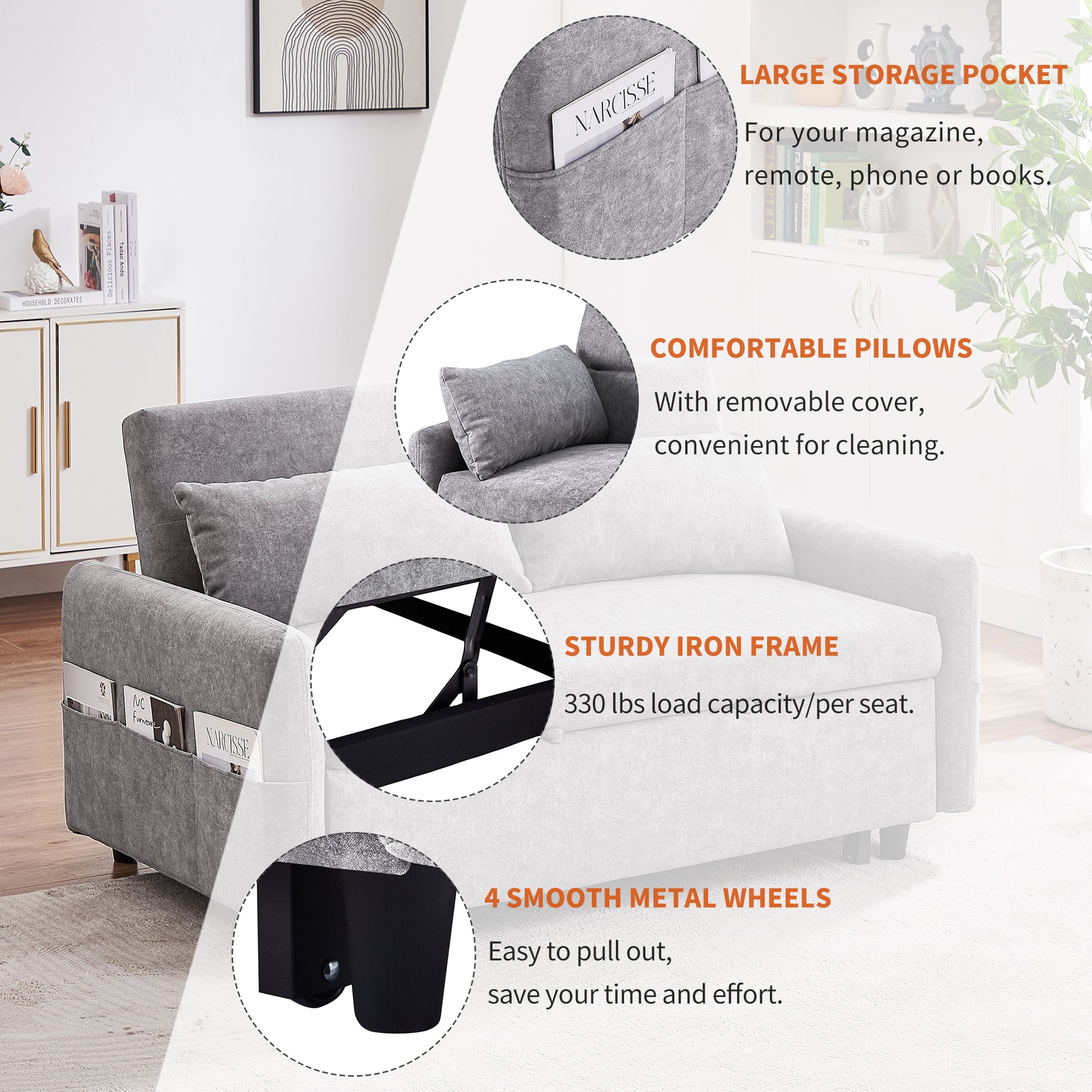 55.1" Pull Out Sleep Sofa Bed Loveseats Sofa Couch With Adjsutable Backrest, Storage Pockets, 2 Soft Pillows, Usb Ports For Living Room, Bedroom, Apartment, Office,Grey Old Sku Wf307821Aae Grey Foam Microfiber