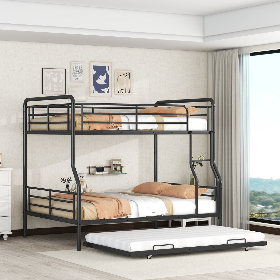 Full Xl Over Queen Metal Bunk Bed With Twin Size Trundle, Black Black Iron
