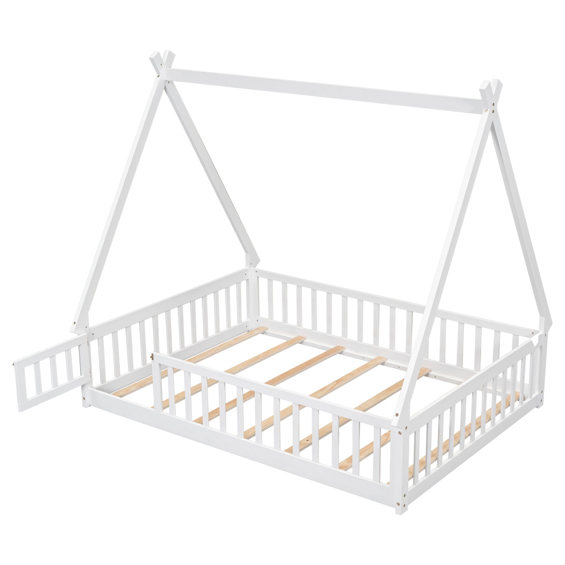 Full Tent Shaped Floor Bed, With Guardrails, Slats, Door ,White Full White Wood Bedroom American Design Pine Bed Frame Pine