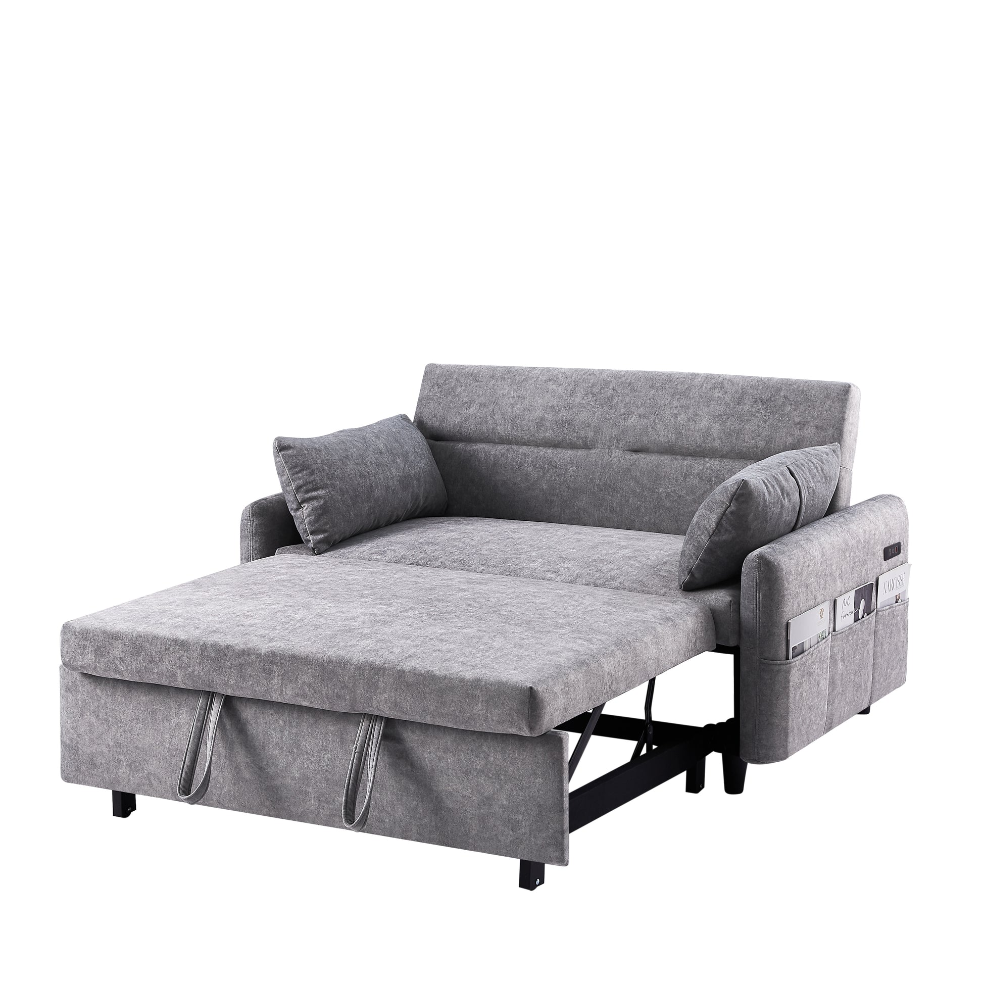 55.1" Pull Out Sleep Sofa Bed Loveseats Sofa Couch With Adjsutable Backrest, Storage Pockets, 2 Soft Pillows, Usb Ports For Living Room, Bedroom, Apartment, Office,Grey Old Sku:Wf315689Aae Grey Foam Microfiber 2 Seat