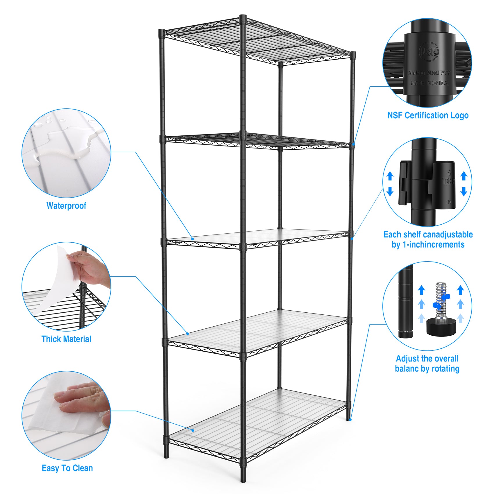 5 Tier Shelf Wire Shelving Unit 5T 1636 B Lkj, 72H Black Iron Plastic