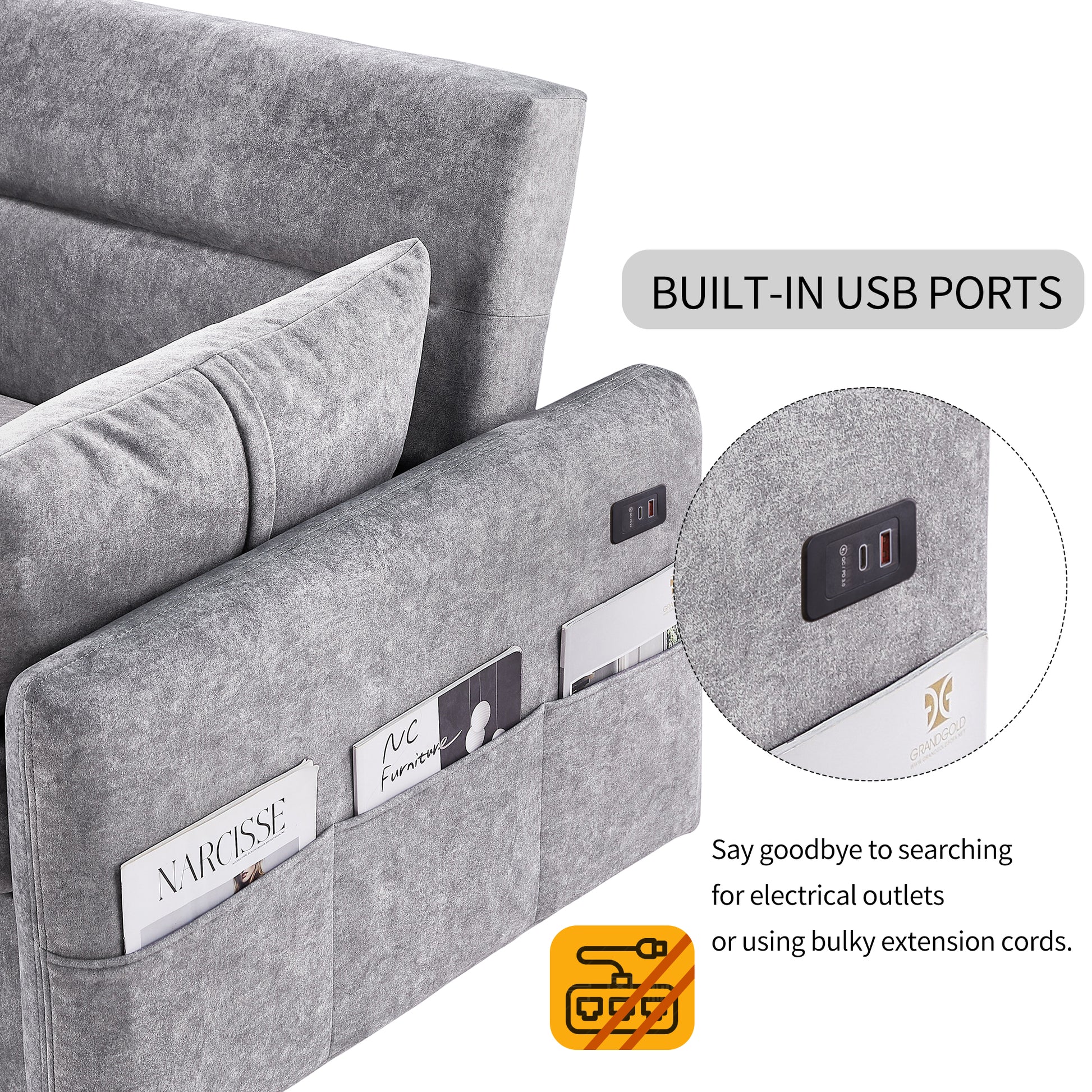 55.1" Pull Out Sleep Sofa Bed Loveseats Sofa Couch With Adjsutable Backrest, Storage Pockets, 2 Soft Pillows, Usb Ports For Living Room, Bedroom, Apartment, Office,Grey Old Sku Wf307821Aae Grey Foam Microfiber