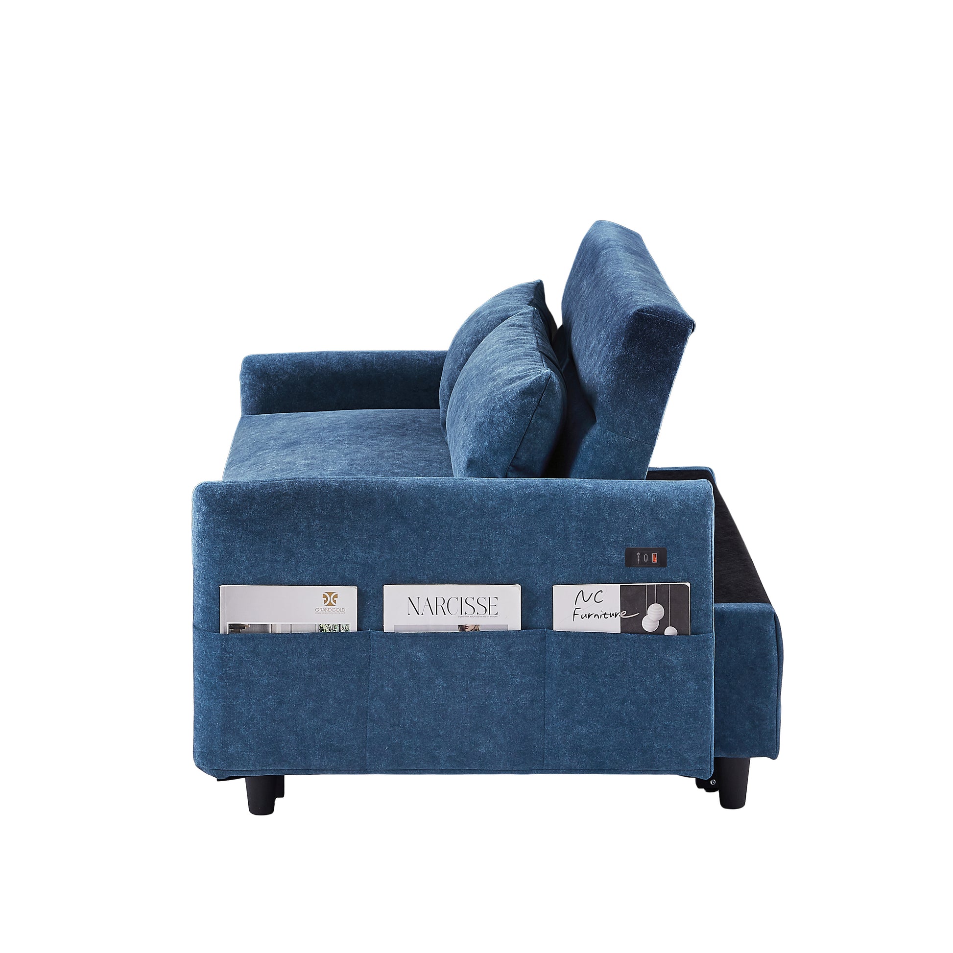 55.1" Pull Out Sleep Sofa Bed Loveseats Sofa Couch With Adjsutable Backrest, Storage Pockets, 2 Soft Pillows, Usb Ports For Living Room, Bedroom, Apartment, Office, Blue Old Sku: Wf315689Aac Blue Foam Microfiber 2 Seat