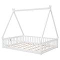 Full Tent Shaped Floor Bed, With Guardrails, Slats, Door ,White Full White Wood Bedroom American Design Pine Bed Frame Pine