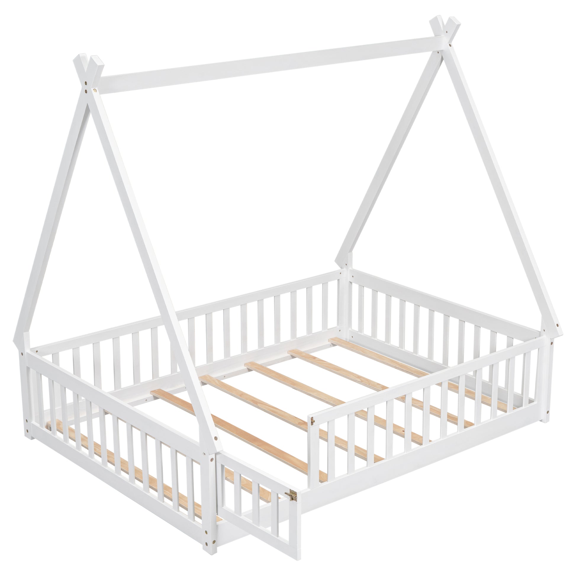 Full Tent Shaped Floor Bed, With Guardrails, Slats, Door ,White Full White Wood Bedroom American Design Pine Bed Frame Pine