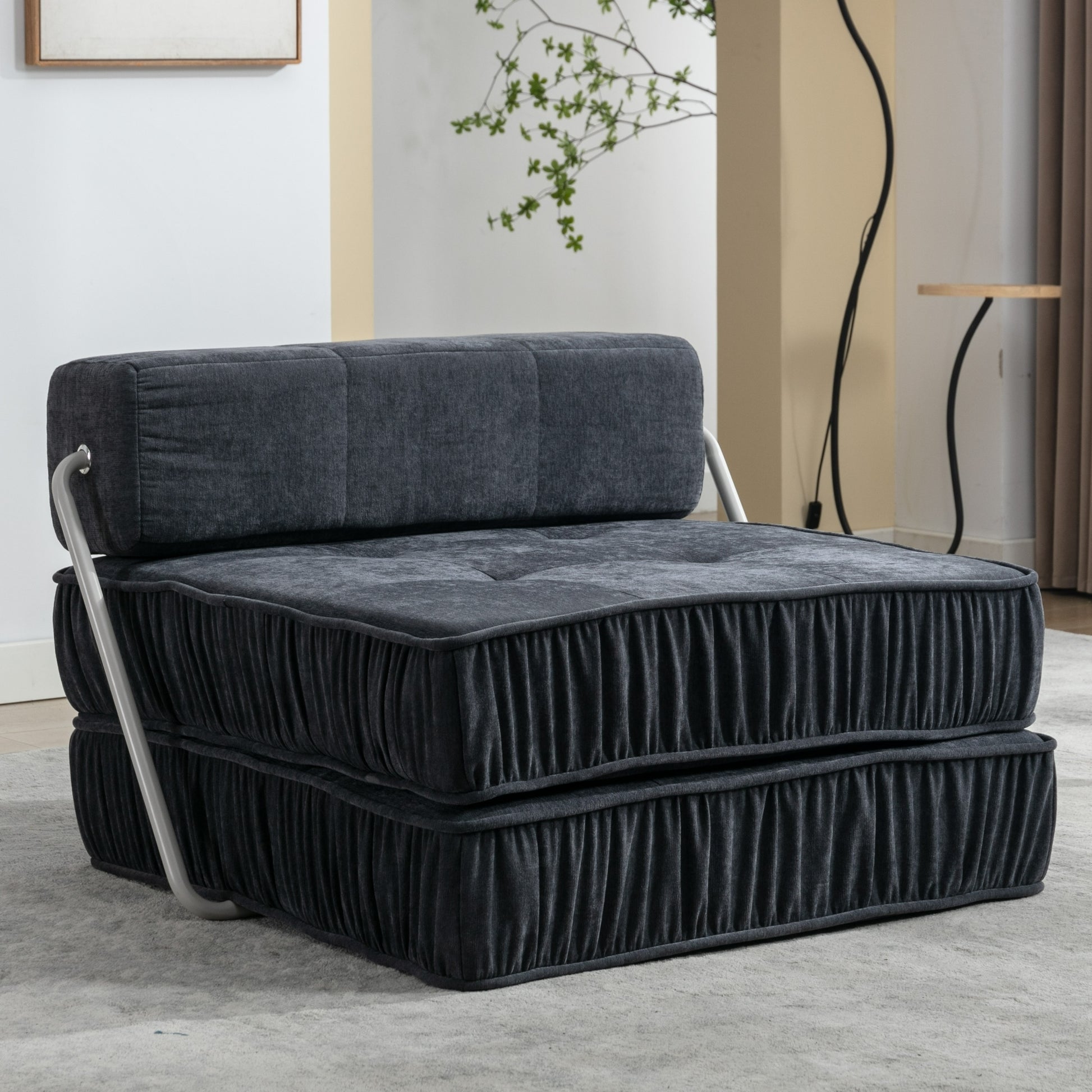 Folding Sofa Bed, Futon Sleeper Chair, Convertible Chair Floor Couch & Sleeping Mattress For Living Room, Guest Room, Home Office, Apartment, Small Space, Bed, Removable Back Cushion, Grey, 1 Seat Grey Chenille Primary Living Space Pillow Back Soft