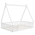 Full Tent Shaped Floor Bed, With Guardrails, Slats, Door ,White Full White Wood Bedroom American Design Pine Bed Frame Pine