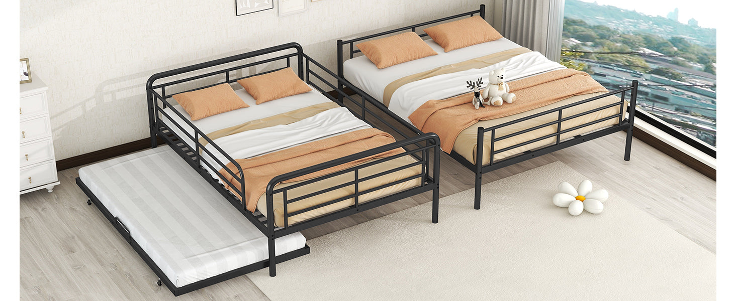 Full Xl Over Queen Metal Bunk Bed With Twin Size Trundle, Black Black Iron