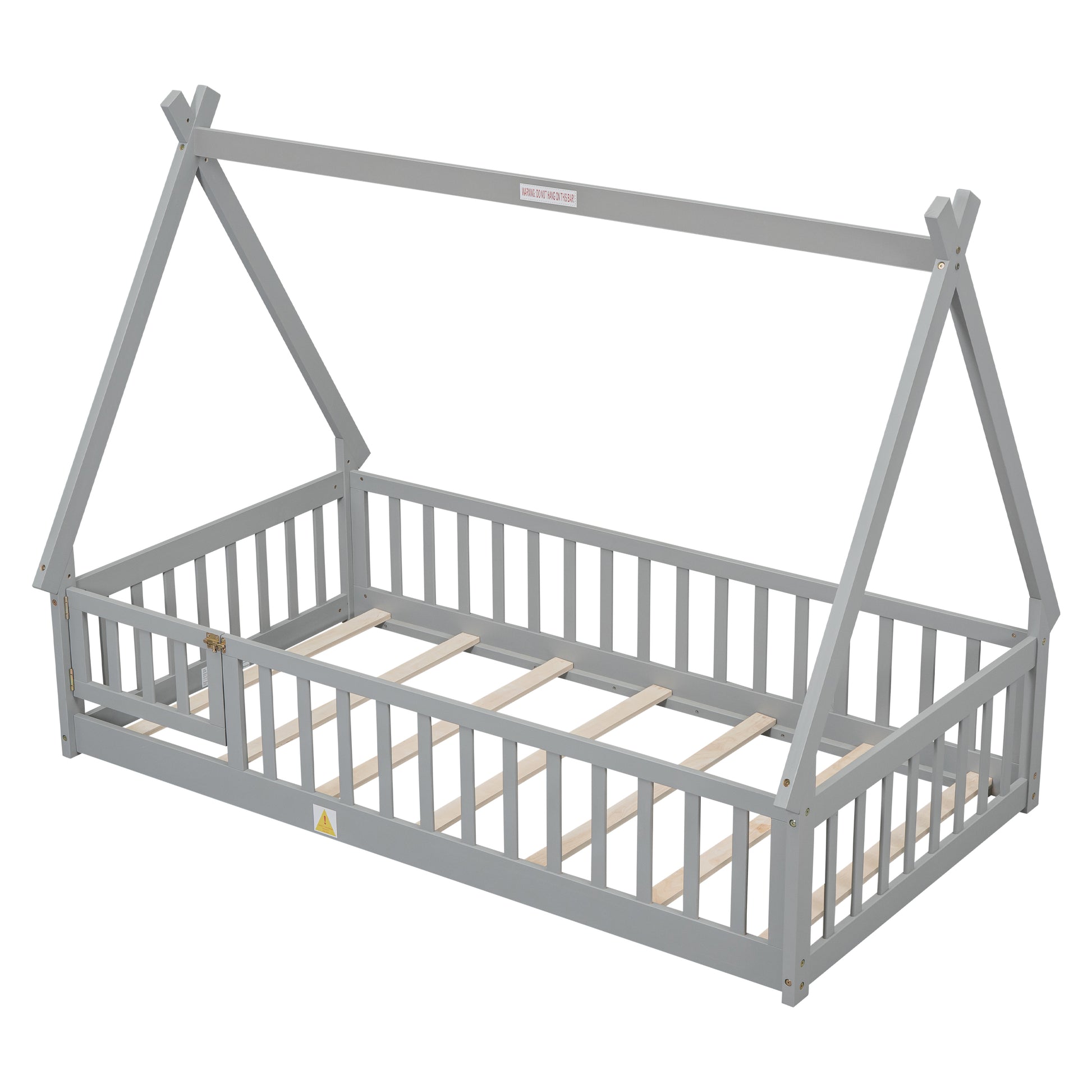 Twin Tent Shaped Floor Bed, With Guardrails, Slats, Door ,Grey Twin Grey Wood Bedroom American Design Pine Bed Frame Pine