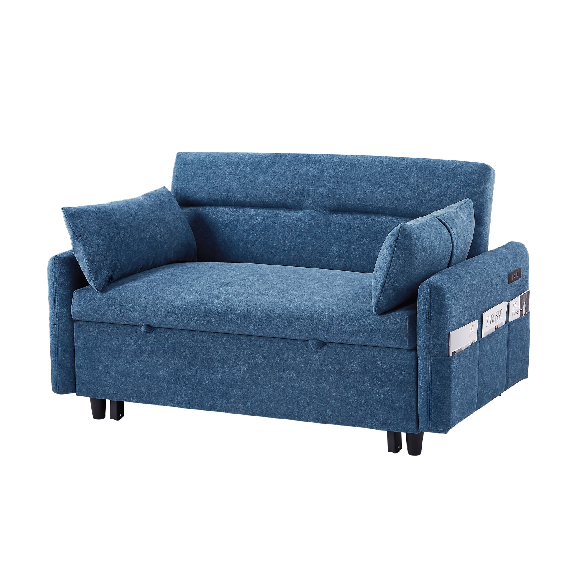 55.1" Pull Out Sleep Sofa Bed Loveseats Sofa Couch With Adjsutable Backrest, Storage Pockets, 2 Soft Pillows, Usb Ports For Living Room, Bedroom, Apartment, Office, Blue Old Sku Wf307821Aac Blue Foam Microfiber