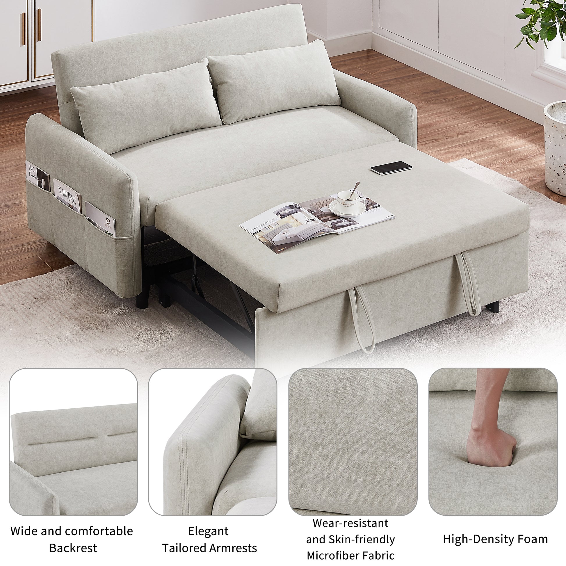 55.1" Pull Out Sleep Sofa Bed Loveseats Sofa Couch With Adjsutable Backrest, Storage Pockets, 2 Soft Pillows, Usb Ports For Living Room, Bedroom, Apartment, Office, Beige Old Sku Wf307821Aaa Beige Foam Microfiber