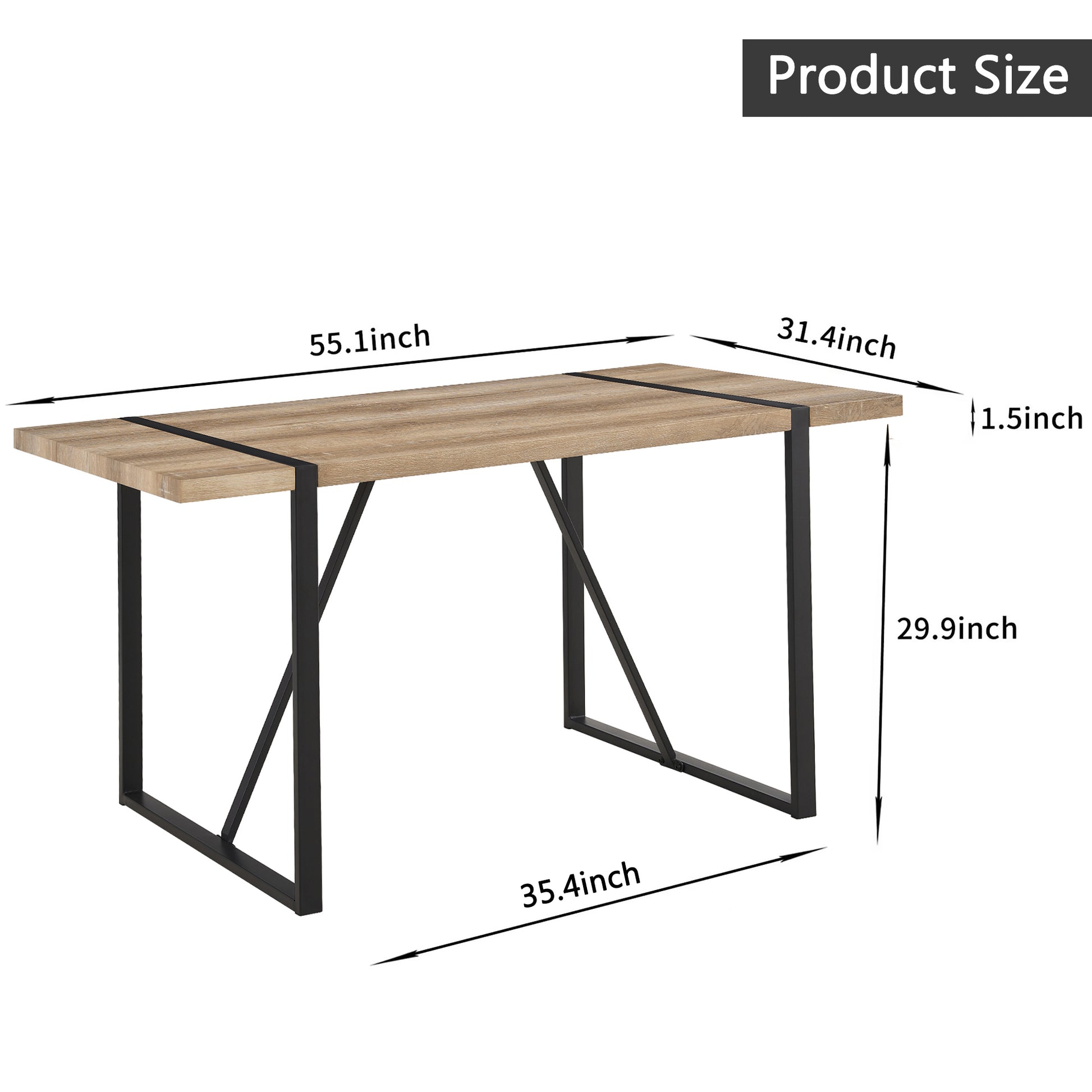 55"Rustic Industrial Rectangular Mdf Wood Colour Dining Table For 4 6 Person, With 1.5" Thick Engineered Wood Tabletop And Black Metal Legs, For Writing Deskkitchen Terrace Dining Living Room Wood Kitchen Mdf