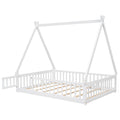 Full Tent Shaped Floor Bed, With Guardrails, Slats, Door ,White Full White Wood Bedroom American Design Pine Bed Frame Pine