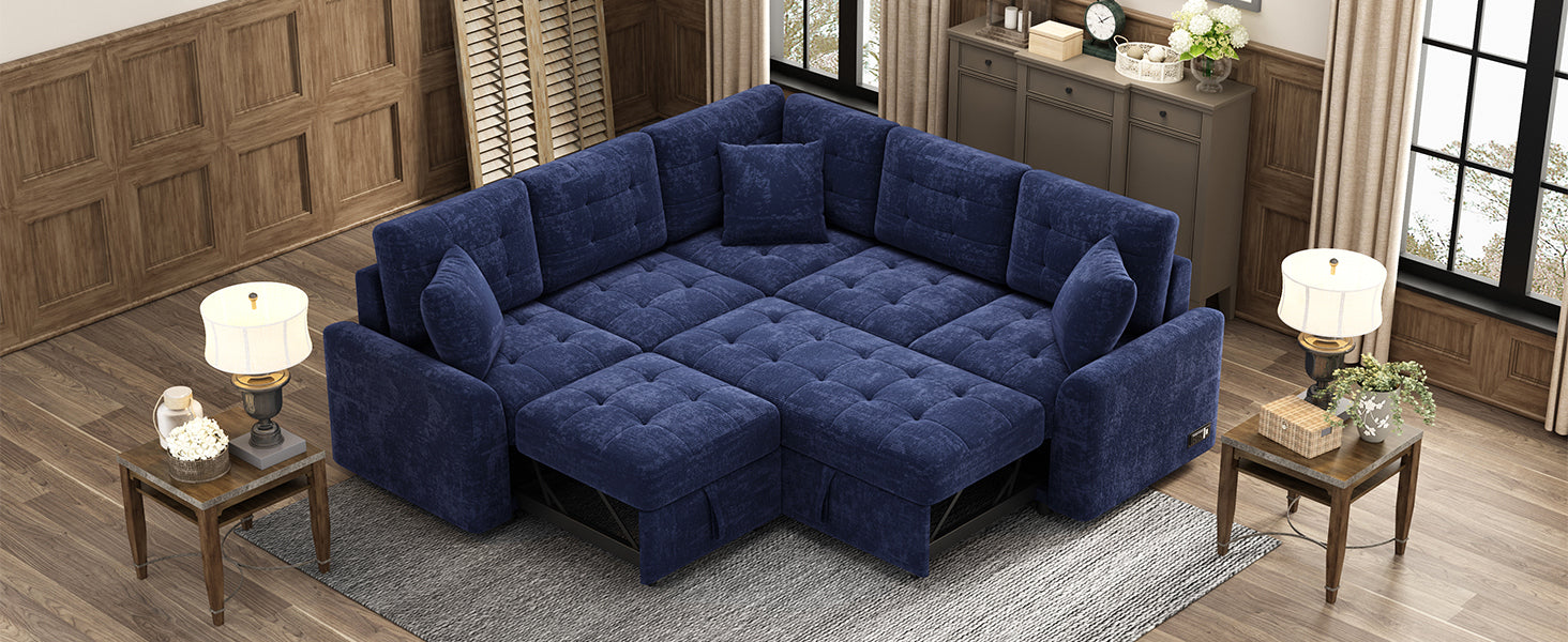 82.6" L Shape Sofa Bed Pull Out Sleeper Sofa With Wheels, Usb Ports, Power Sockets For Living Room, Navy Blue Navy Blue Foam Velvet