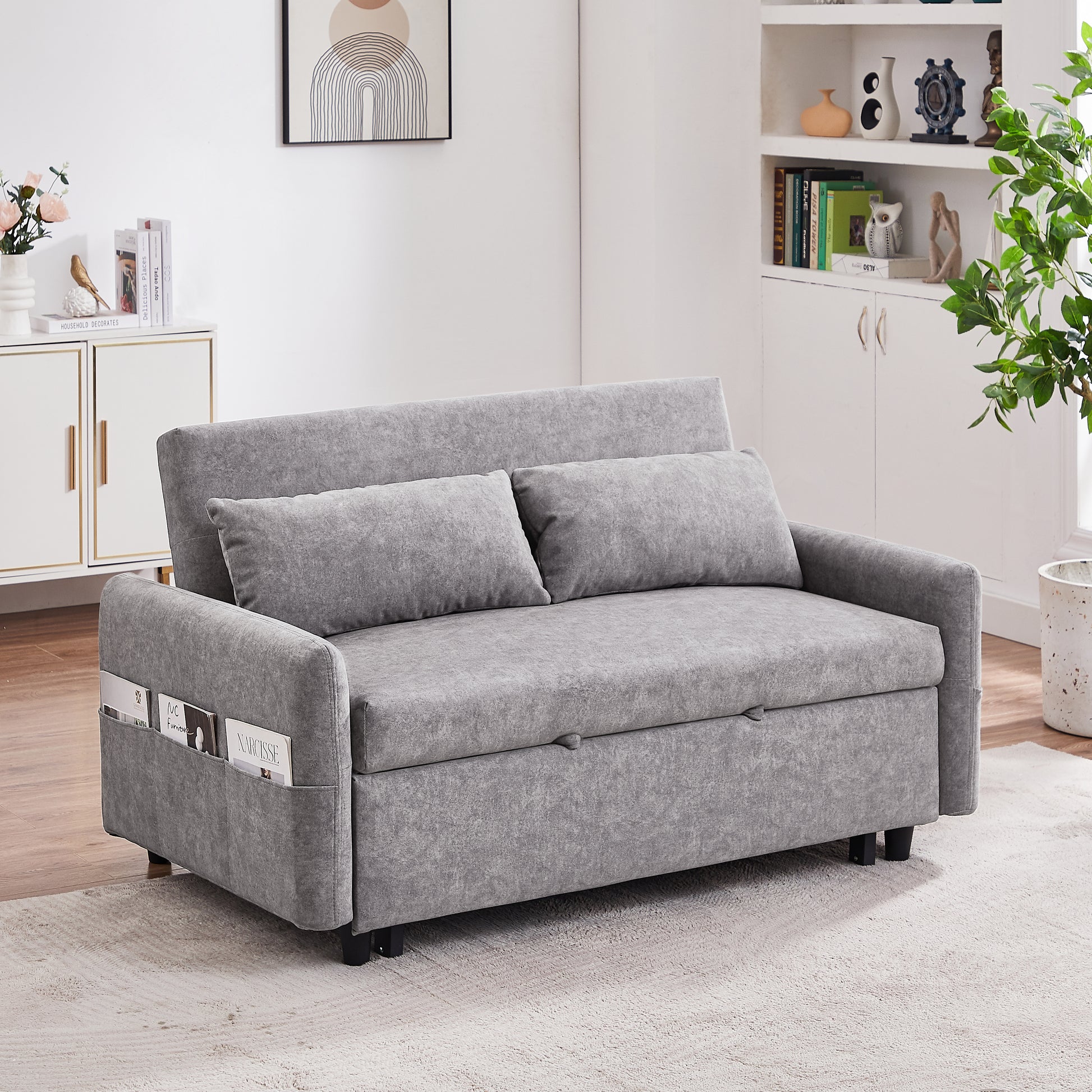 55.1" Pull Out Sleep Sofa Bed Loveseats Sofa Couch With Adjsutable Backrest, Storage Pockets, 2 Soft Pillows, Usb Ports For Living Room, Bedroom, Apartment, Office,Grey Old Sku Wf307821Aae Grey Foam Microfiber