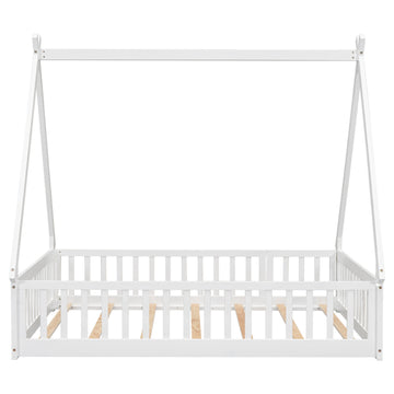Full Tent Shaped Floor Bed, With Guardrails, Slats, Door ,White Full White Wood Bedroom American Design Pine Bed Frame Pine