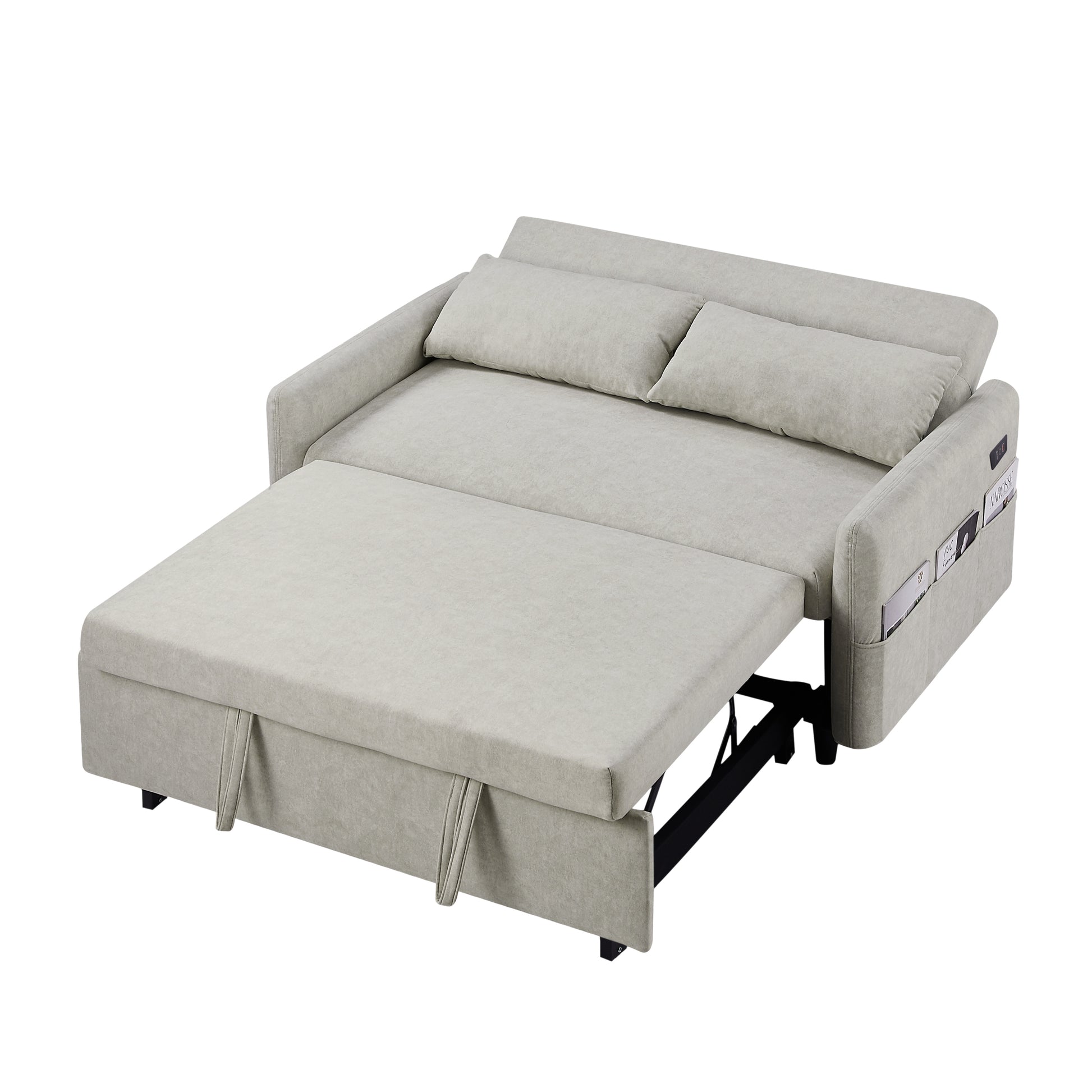 55.1" Pull Out Sleep Sofa Bed Loveseats Sofa Couch With Adjsutable Backrest, Storage Pockets, 2 Soft Pillows, Usb Ports For Living Room, Bedroom, Apartment, Office, Beige Old Sku Wf307821Aaa Beige Foam Microfiber