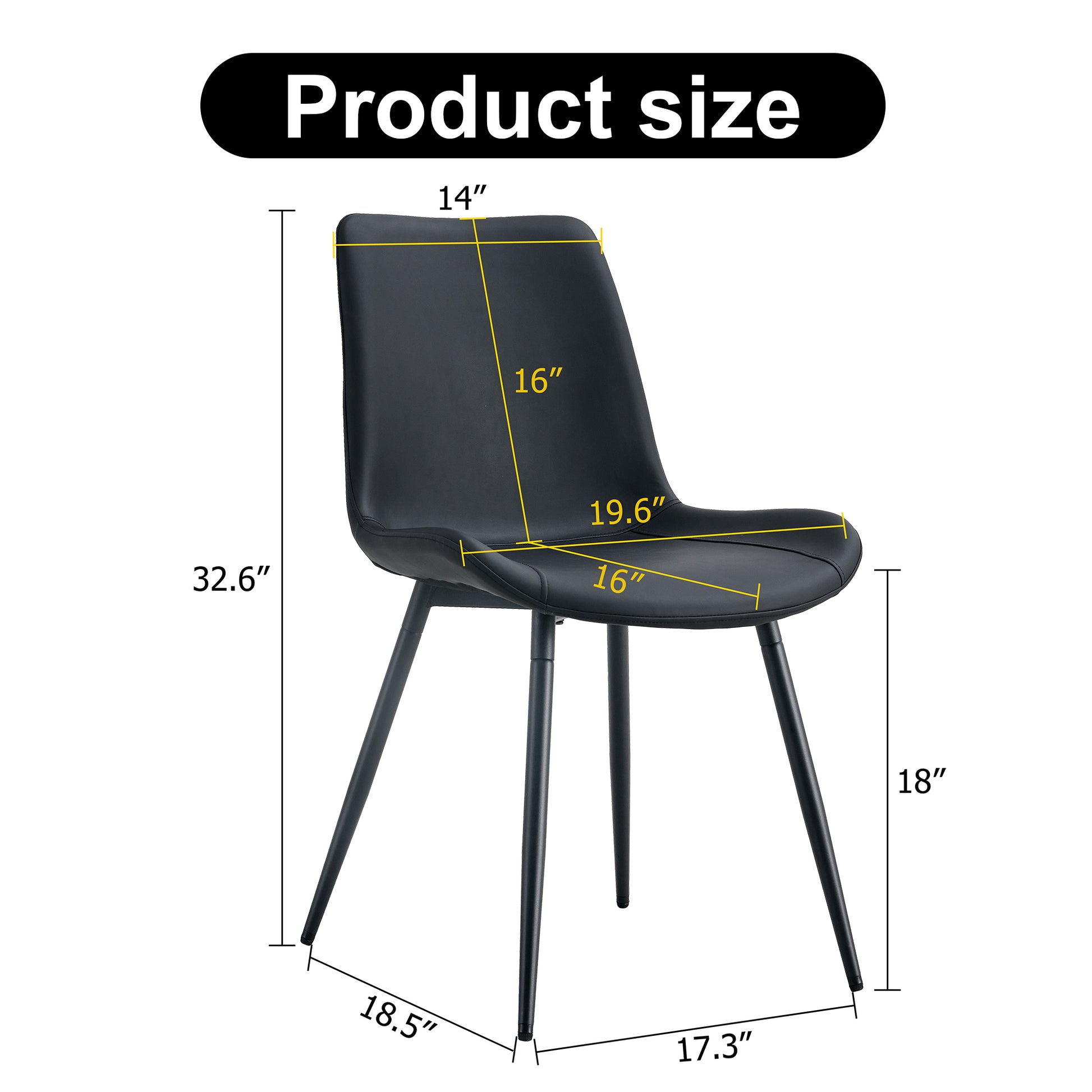 Black Artificial Leather Backrest Cushion Dining Chair, Black Metal Legs, Curved Widened Cushion Design For More Comfort, Suitable For Restaurants, Kitchens, Bedrooms, Offices. 4 Chairs 0502 Black Faux Leather