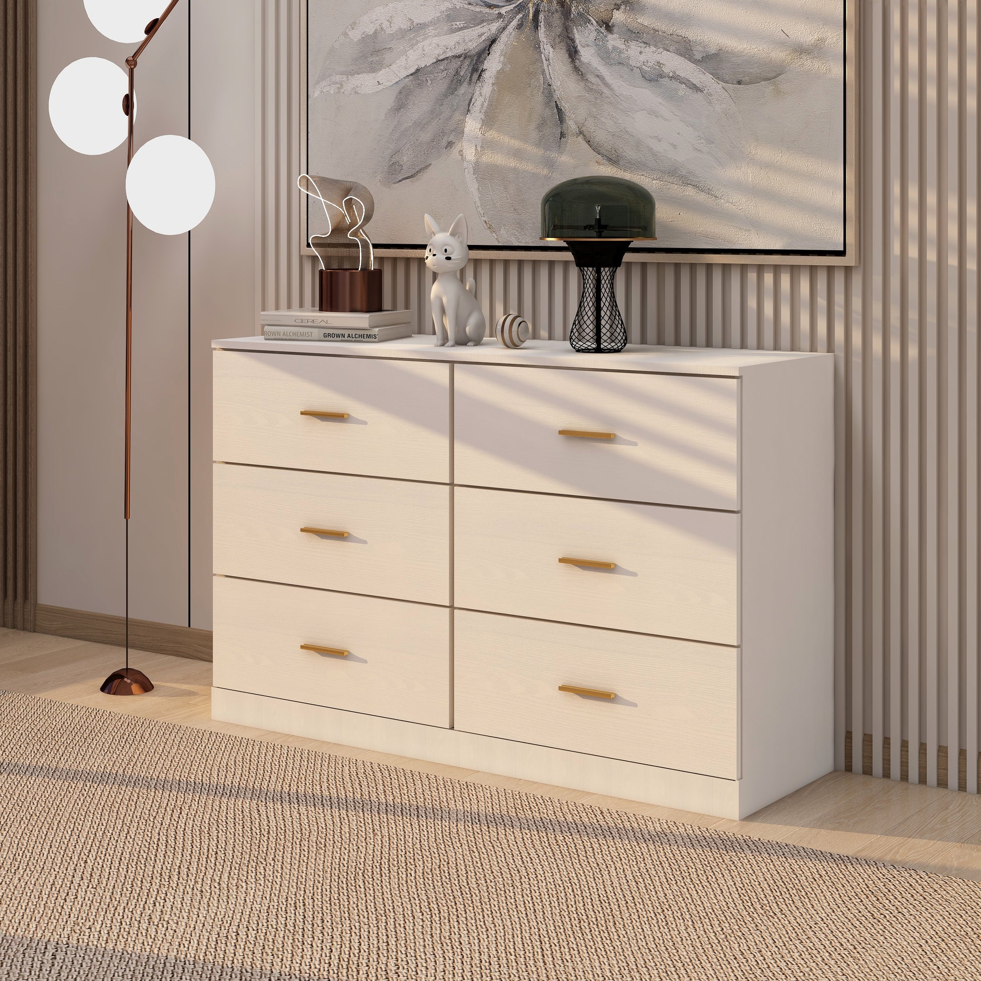 Modern White 6 Drawer Dresser For Bedroom Large Storage Wide Chest Of Drawers, Sturdy & Safe Chest 5 Or More Drawers Whitewash Antique White Primary Living Space Drawers Included American Design,Contemporary,Modern Melamine Engineered Wood