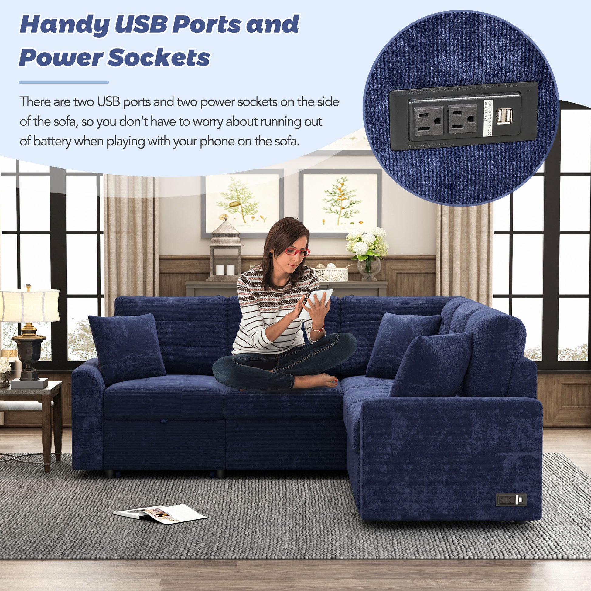 82.6" L Shape Sofa Bed Pull Out Sleeper Sofa With Wheels, Usb Ports, Power Sockets For Living Room, Navy Blue Navy Blue Foam Velvet