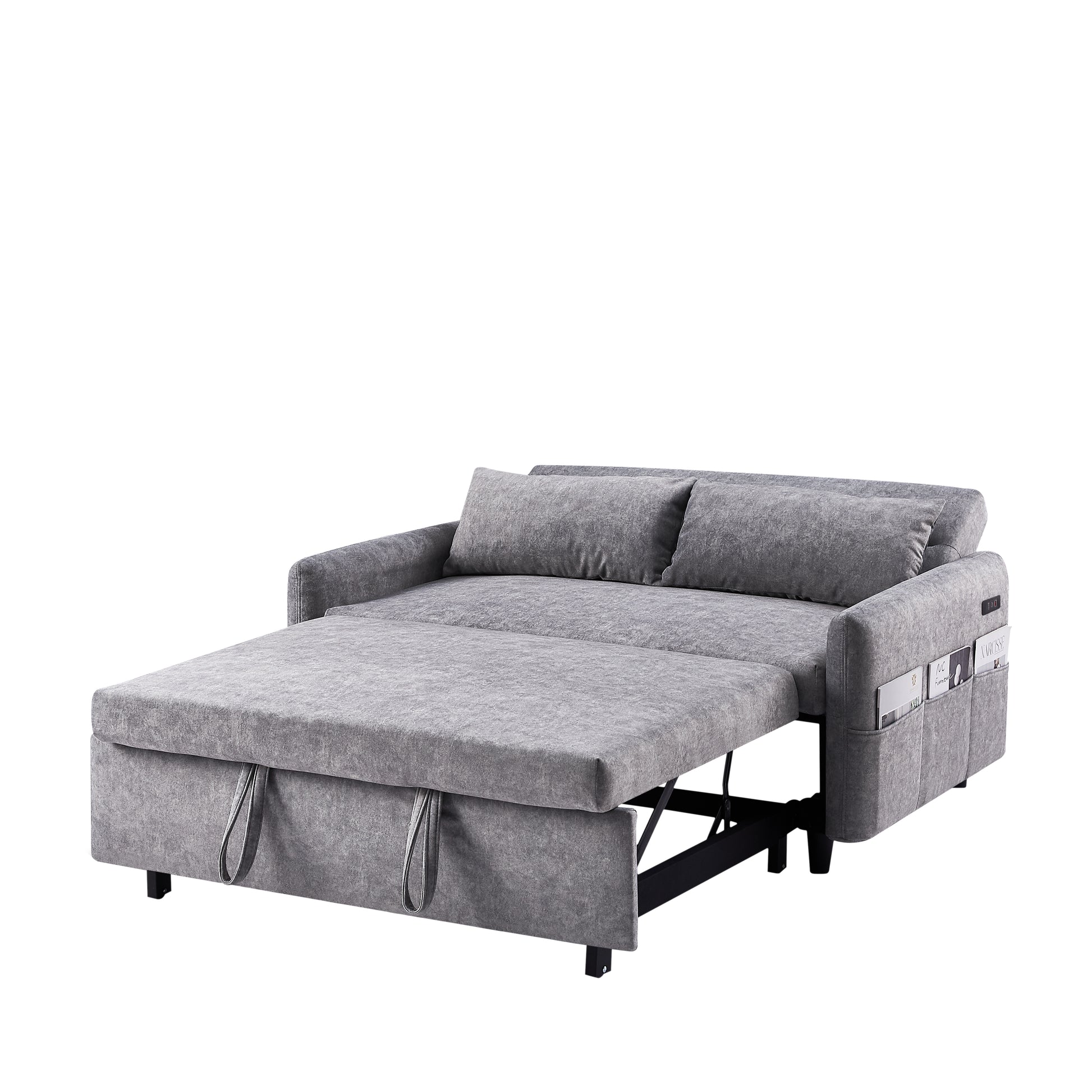 55.1" Pull Out Sleep Sofa Bed Loveseats Sofa Couch With Adjsutable Backrest, Storage Pockets, 2 Soft Pillows, Usb Ports For Living Room, Bedroom, Apartment, Office,Grey Old Sku Wf307821Aae Grey Foam Microfiber