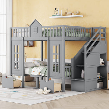 Full Over Full Bunk Bed With Changeable Table, Bunk Bed Turn Into Upper Bed And Down Desk Gray Full Gray Solid Wood