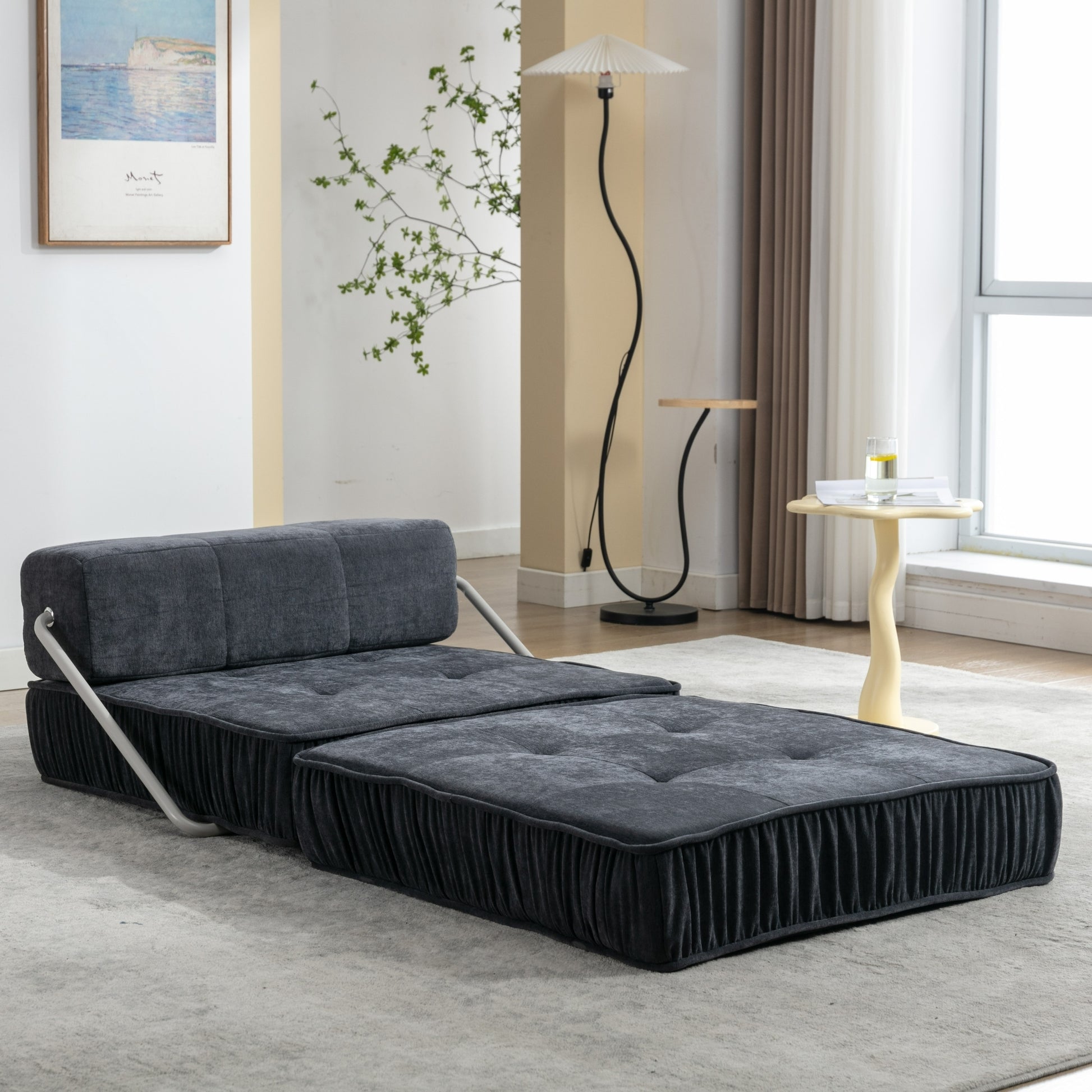 Folding Sofa Bed, Futon Sleeper Chair, Convertible Chair Floor Couch & Sleeping Mattress For Living Room, Guest Room, Home Office, Apartment, Small Space, Bed, Removable Back Cushion, Grey, 1 Seat Grey Chenille Primary Living Space Pillow Back Soft