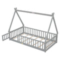 Twin Tent Shaped Floor Bed, With Guardrails, Slats, Door ,Grey Twin Grey Wood Bedroom American Design Pine Bed Frame Pine