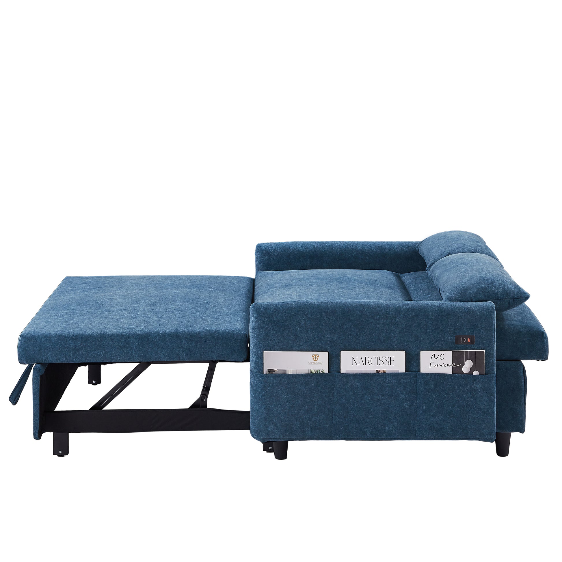 55.1" Pull Out Sleep Sofa Bed Loveseats Sofa Couch With Adjsutable Backrest, Storage Pockets, 2 Soft Pillows, Usb Ports For Living Room, Bedroom, Apartment, Office, Blue Old Sku: Wf315689Aac Blue Foam Microfiber 2 Seat